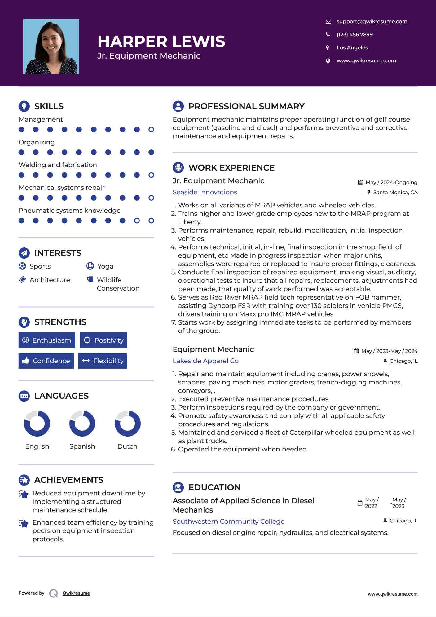 Jr. Equipment Mechanic Resume Sample
