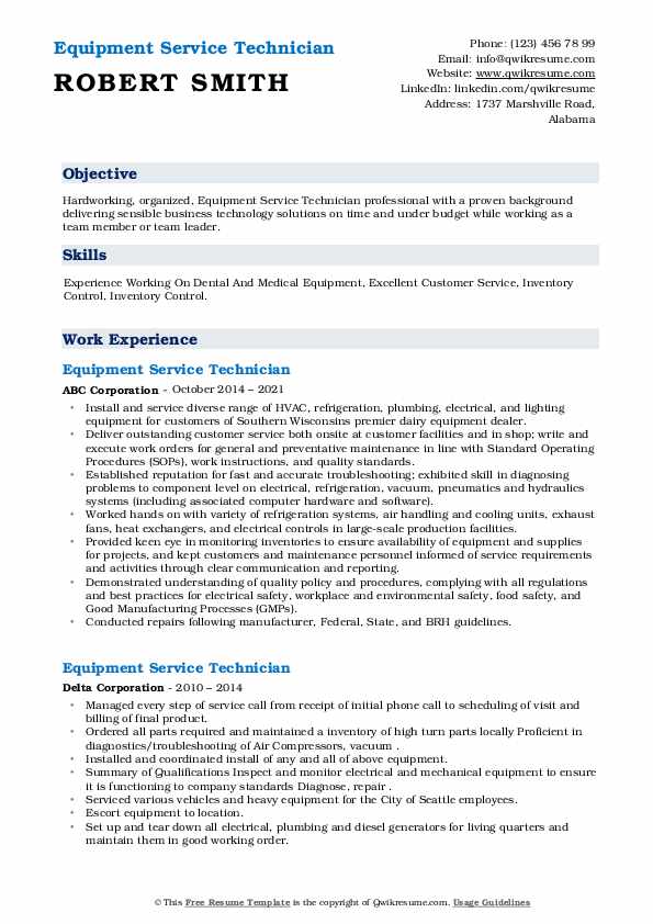 Equipment Service Technician Resume Samples QwikResume