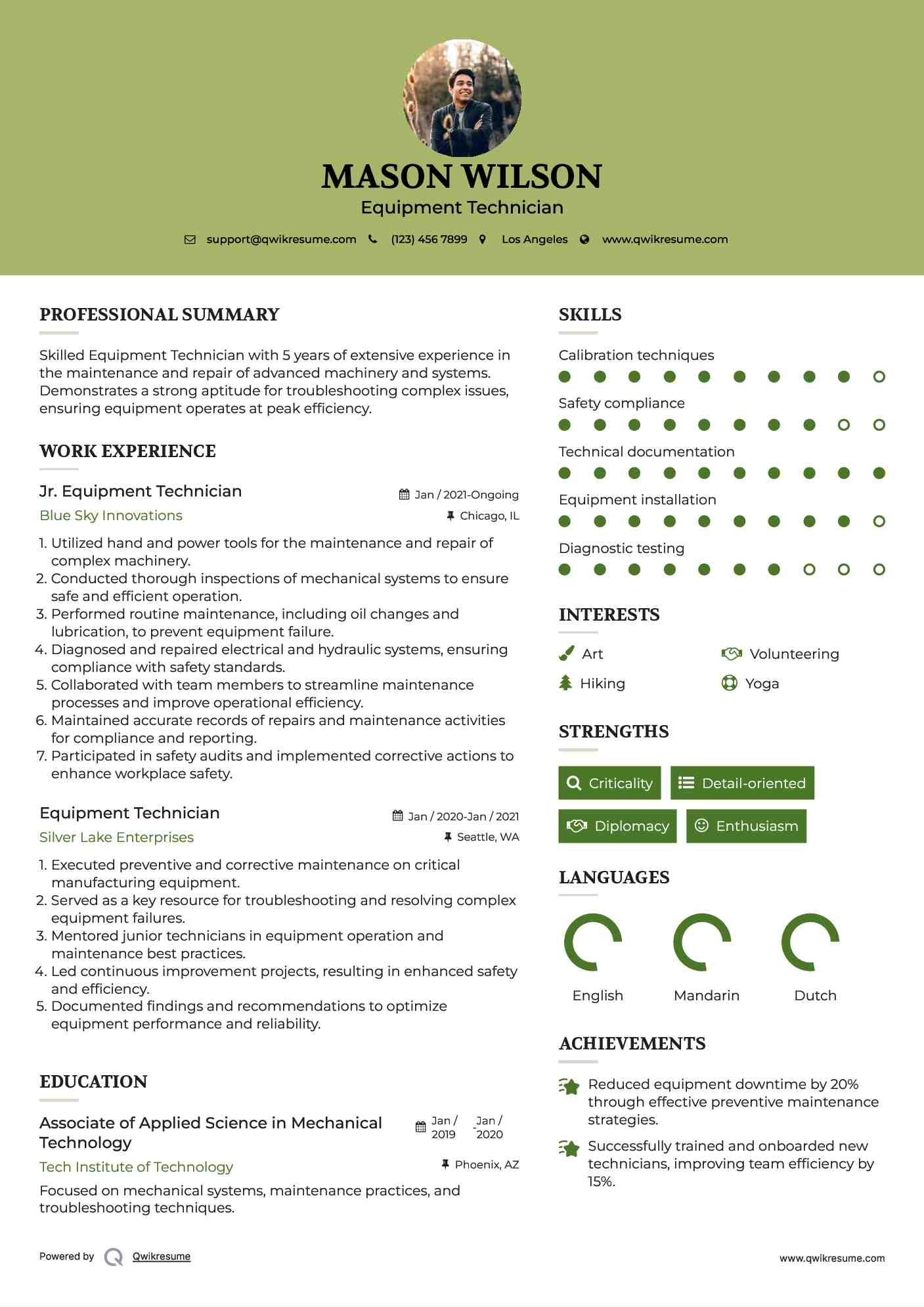 Jr. Equipment Technician Resume Model