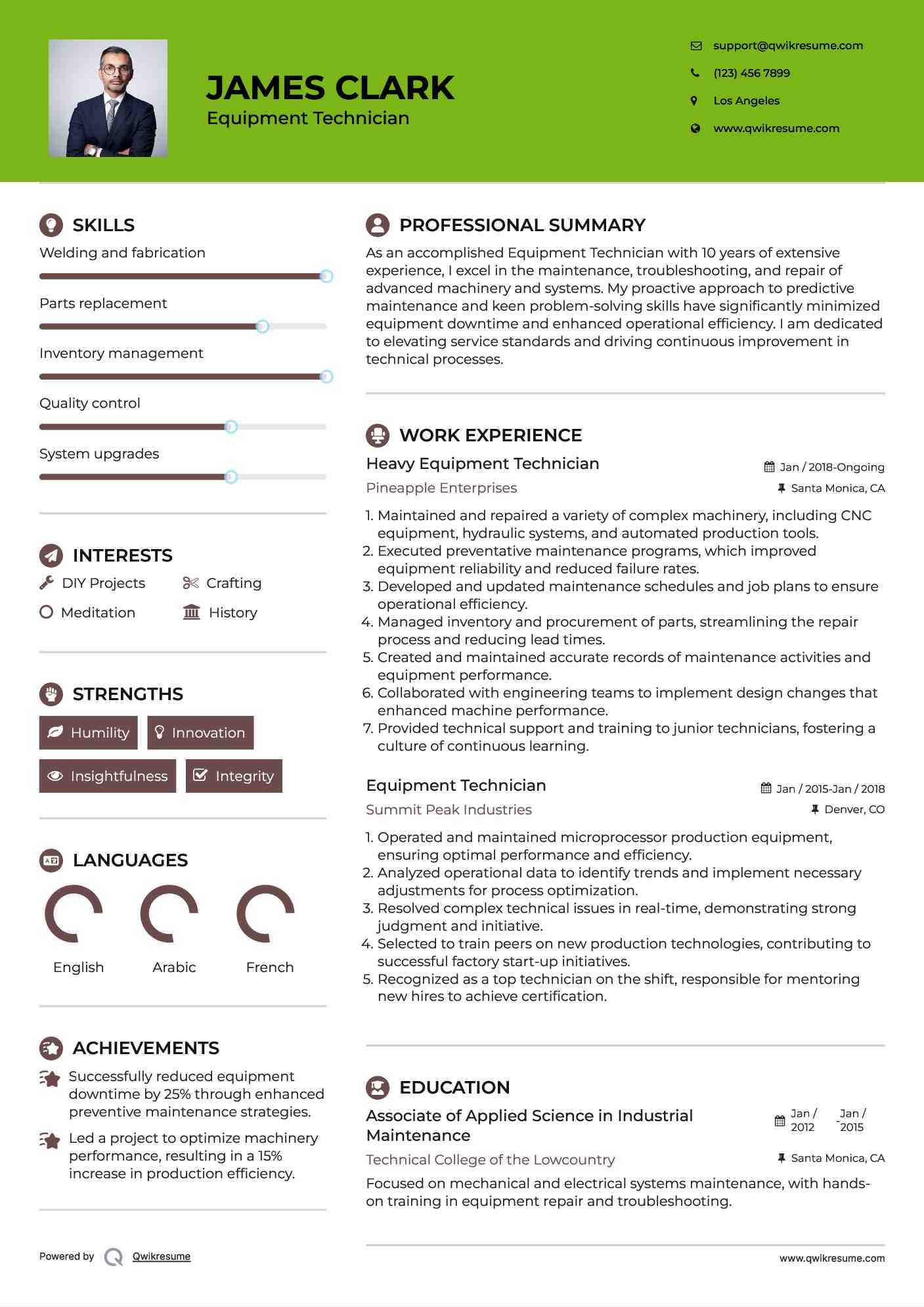 Heavy Equipment Technician Resume Example