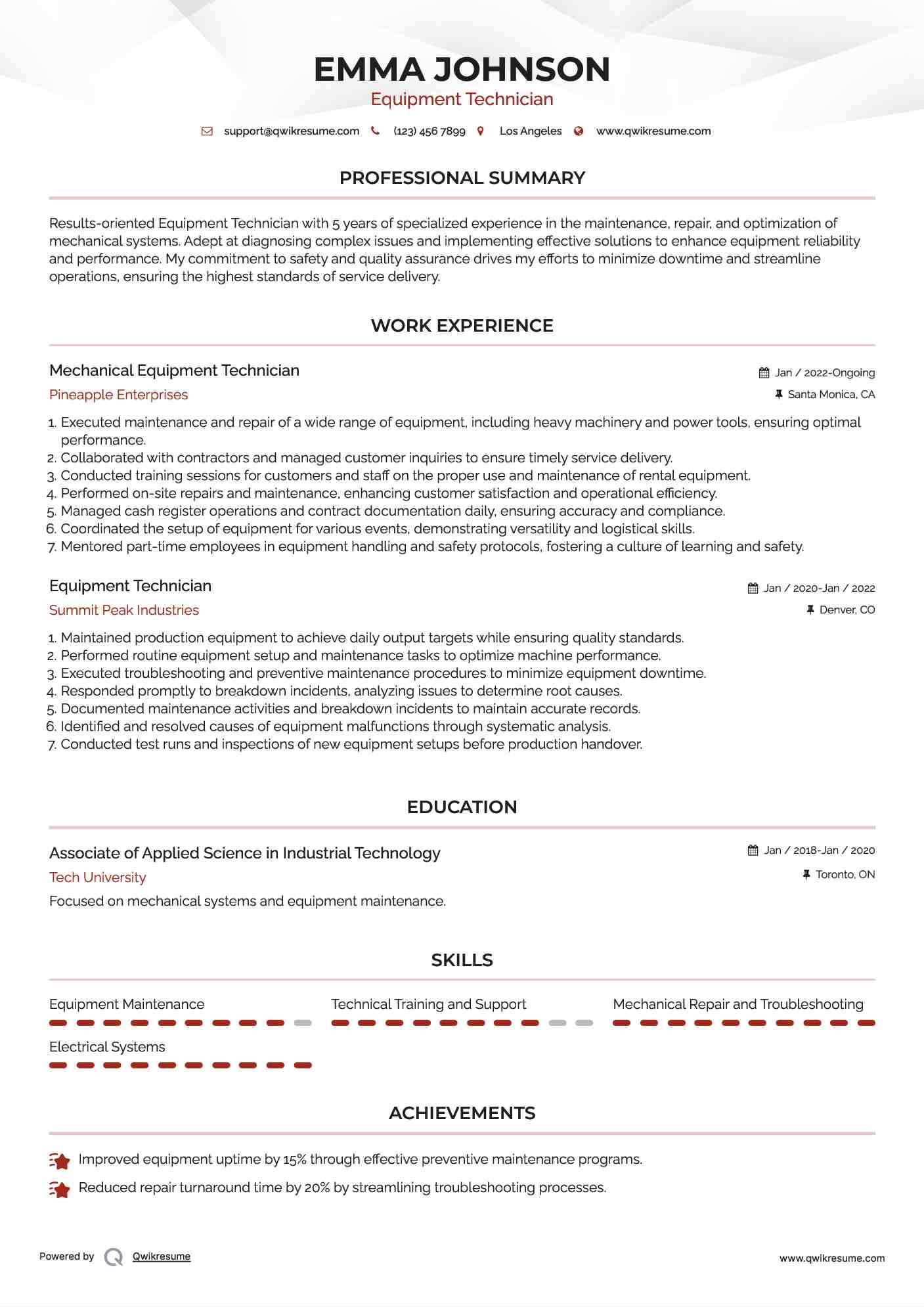 Mechanical Equipment Technician Resume Template