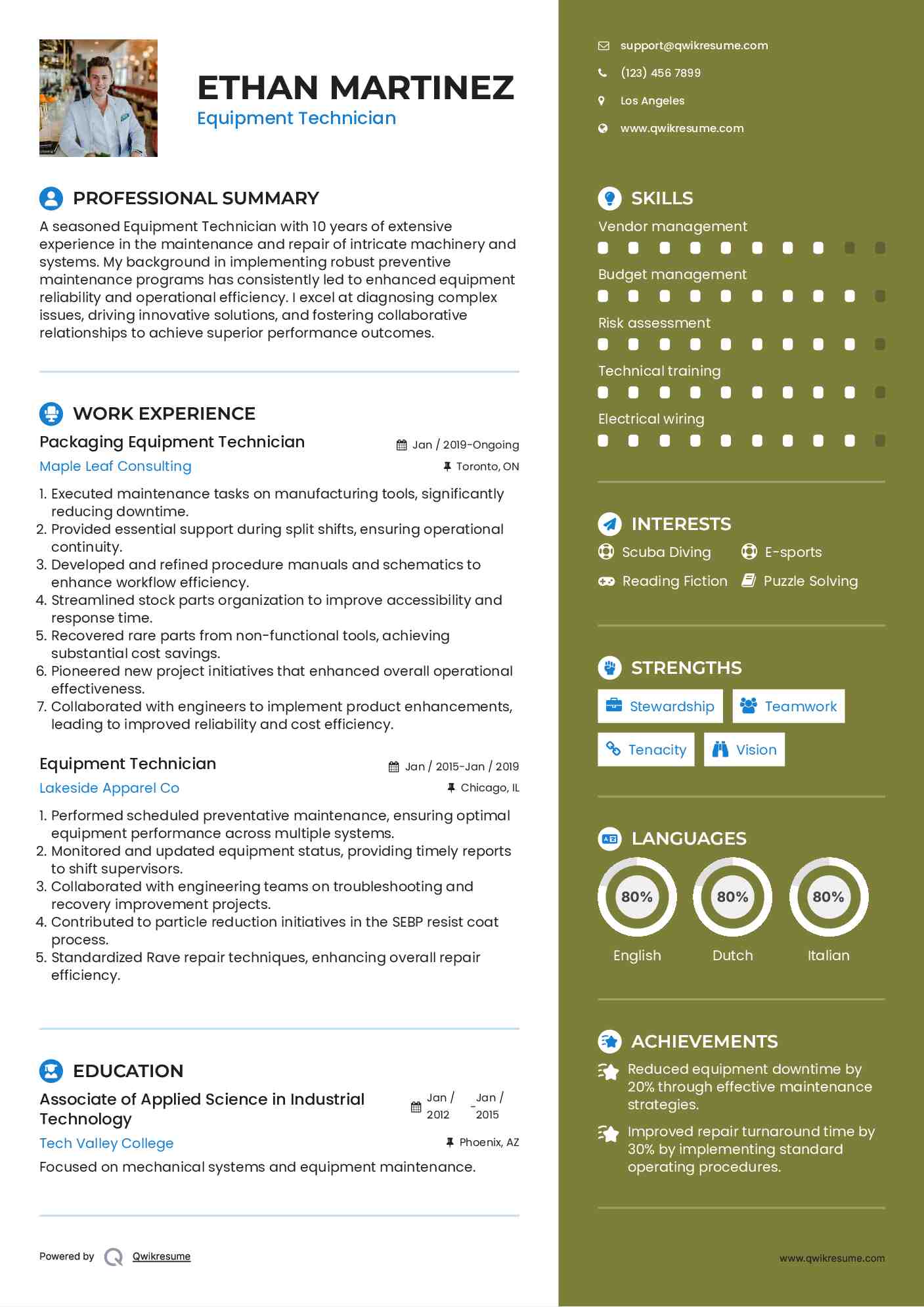 Packaging Equipment Technician Resume Example