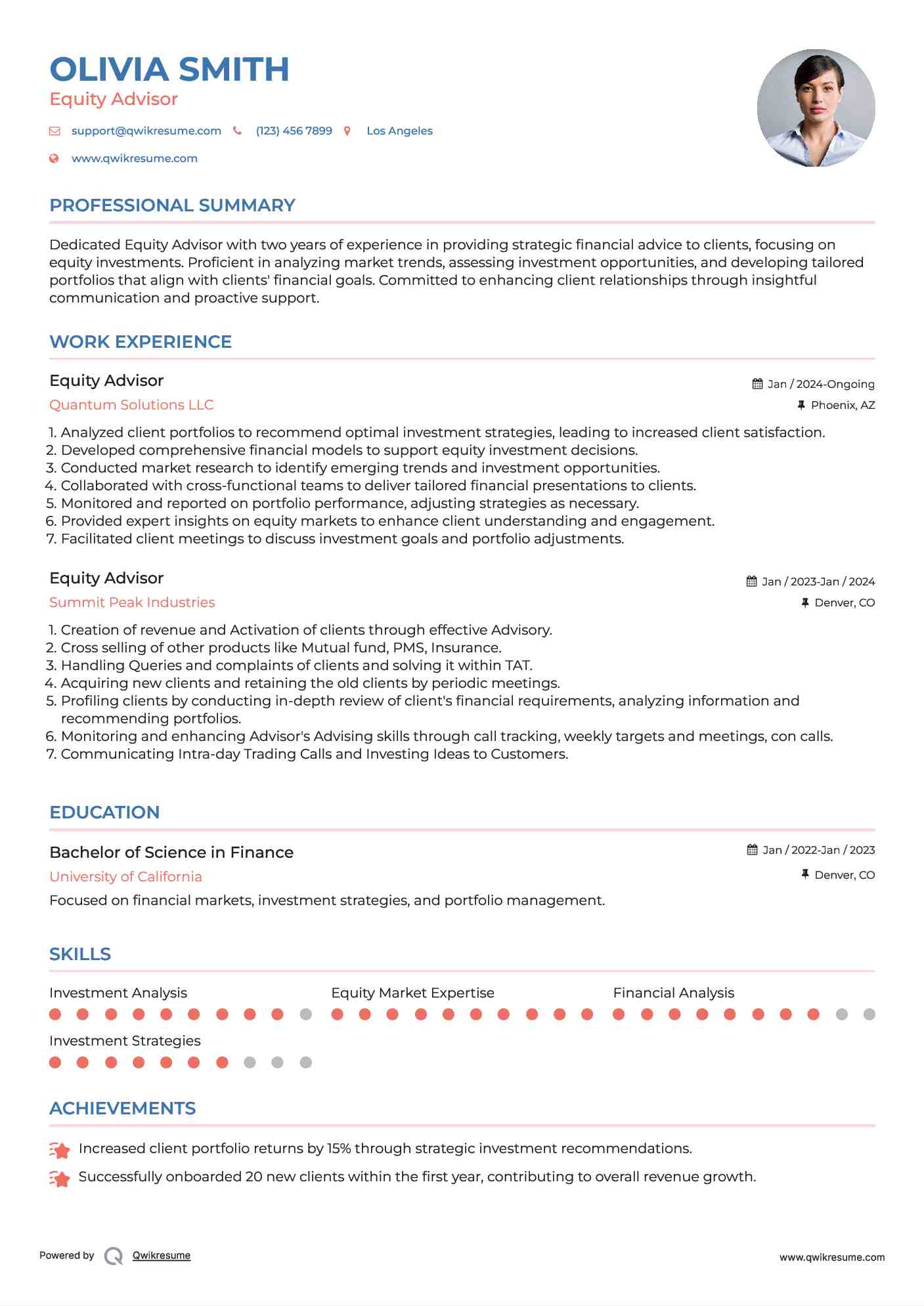 Equity Advisor Resume Format