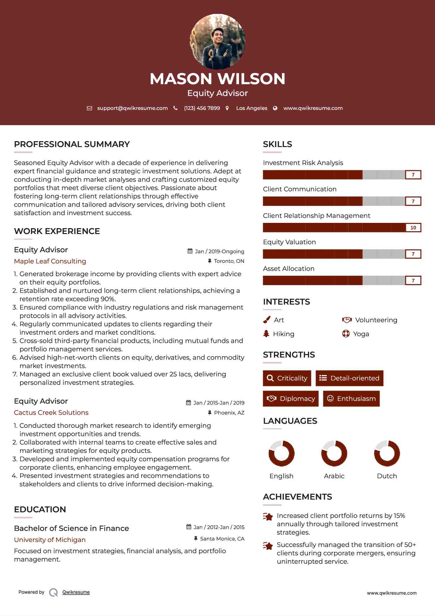 Equity Advisor Resume Model