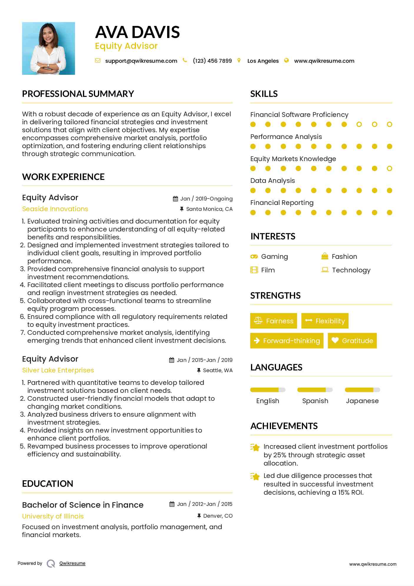 Equity Advisor Resume Example