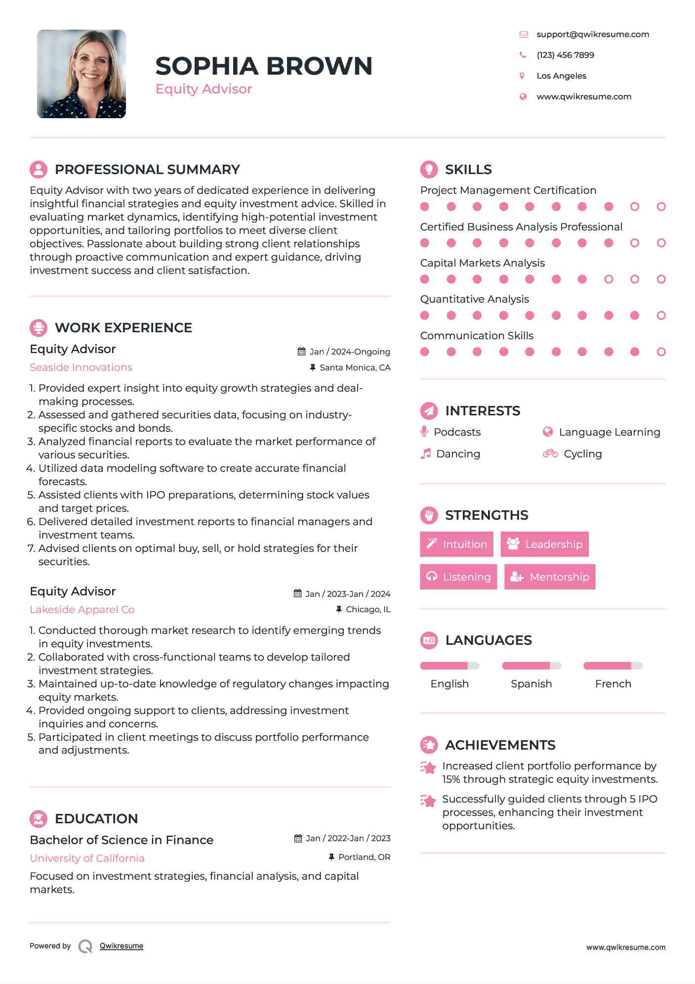 Equity Advisor Resume Format