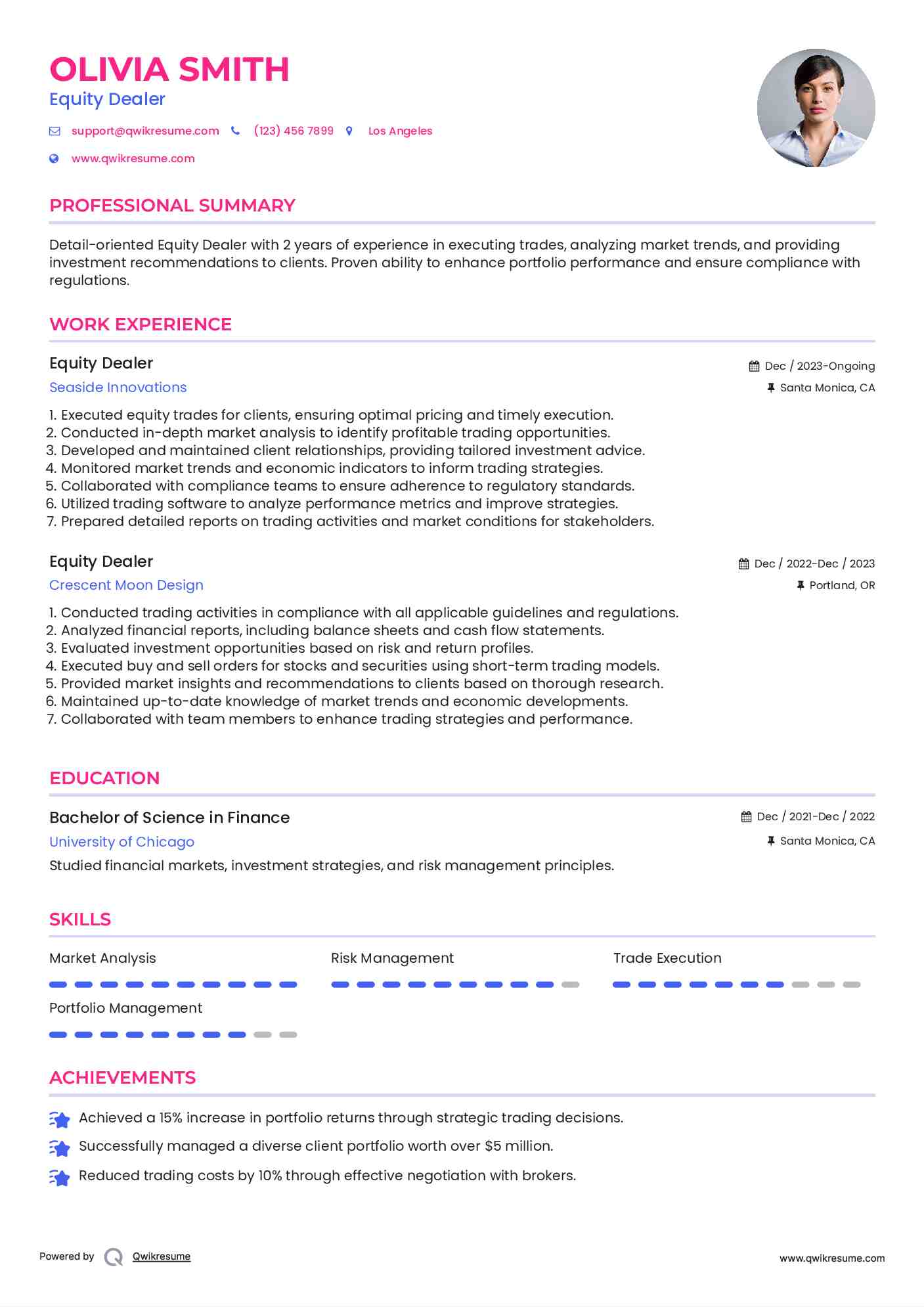 Equity Dealer Resume Template