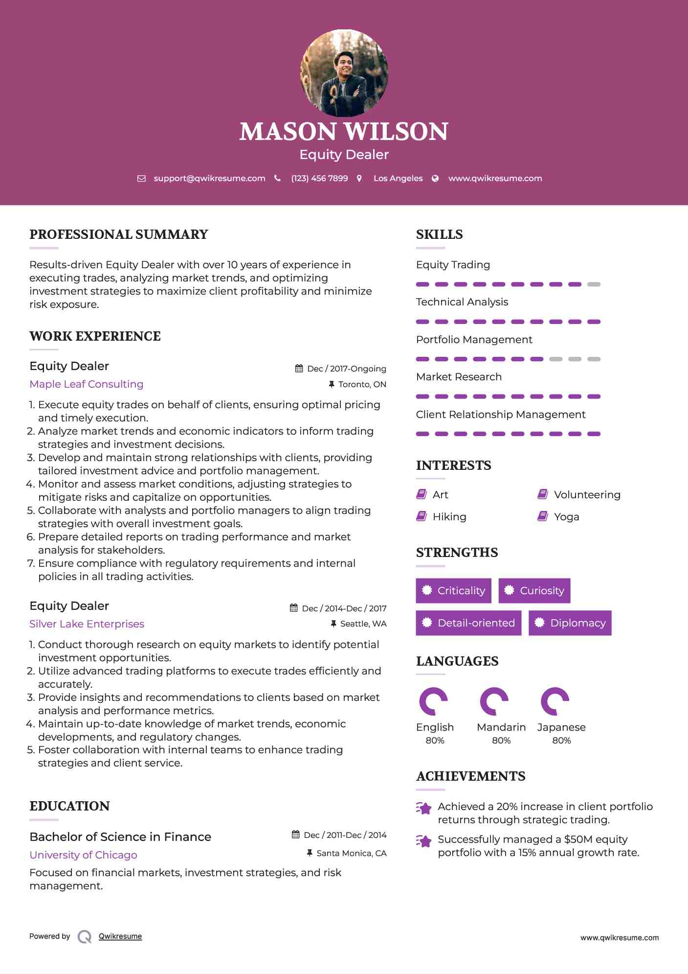 Equity Dealer Resume Model