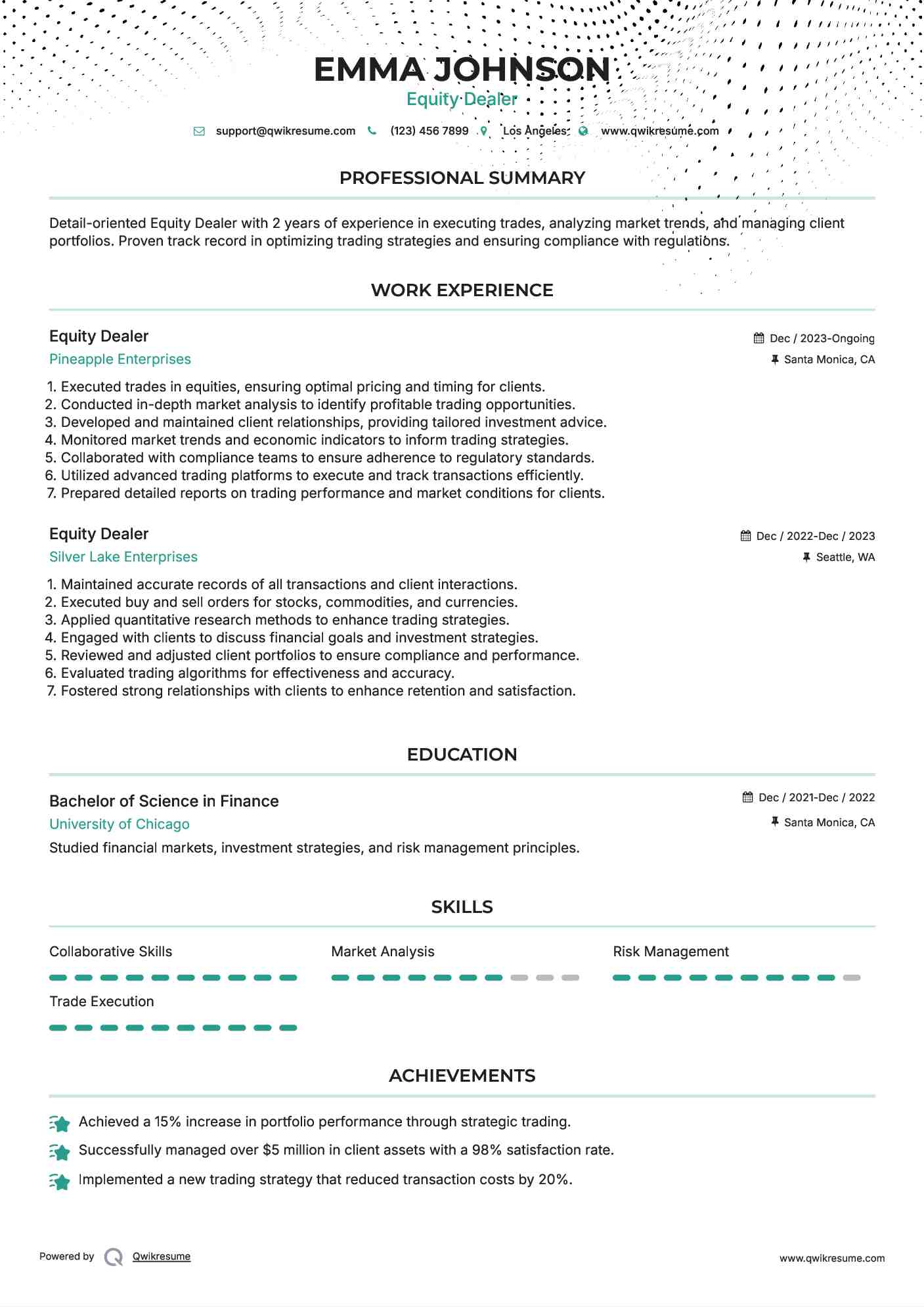 Equity Dealer Resume Example