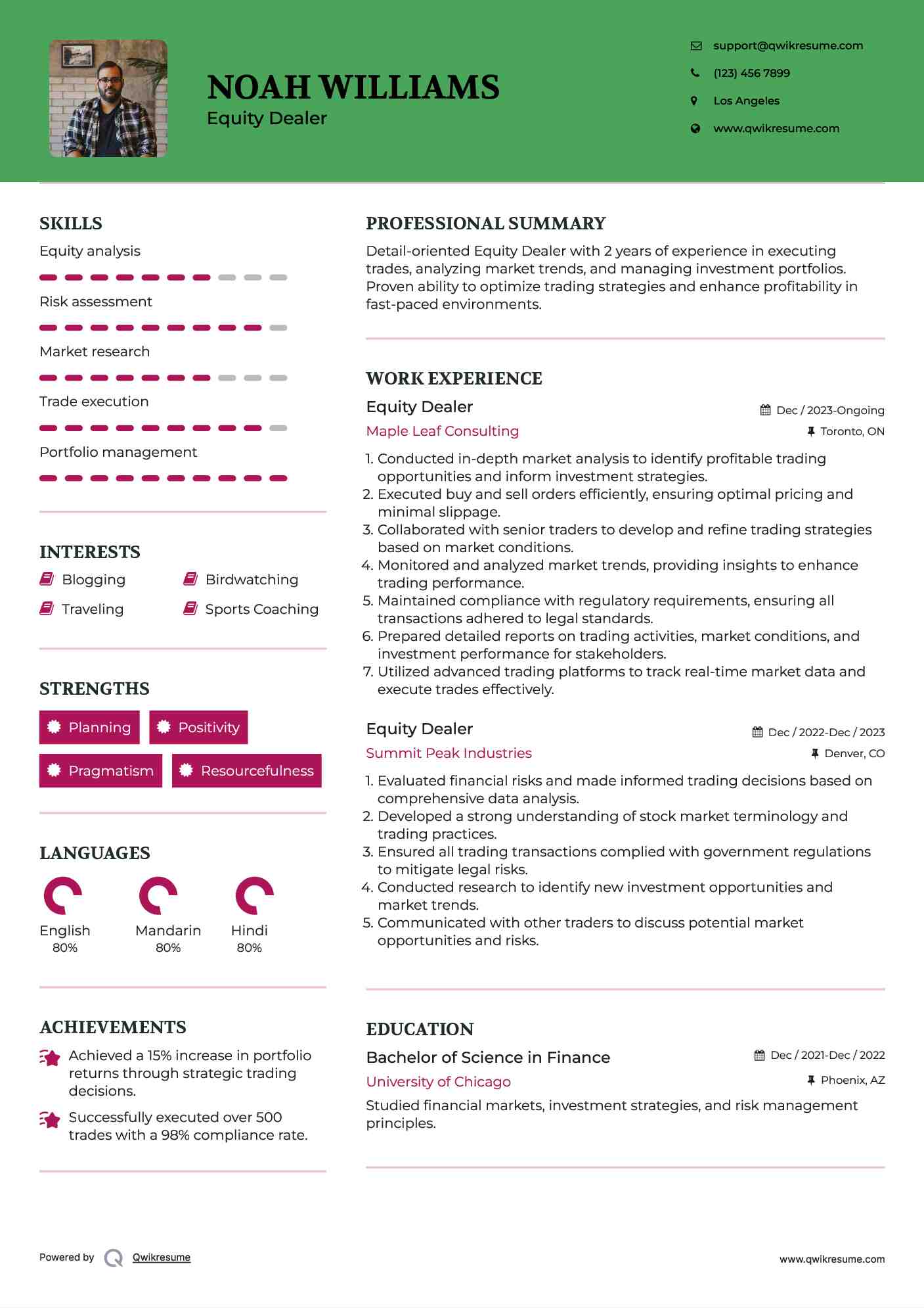 Equity Dealer Resume Template