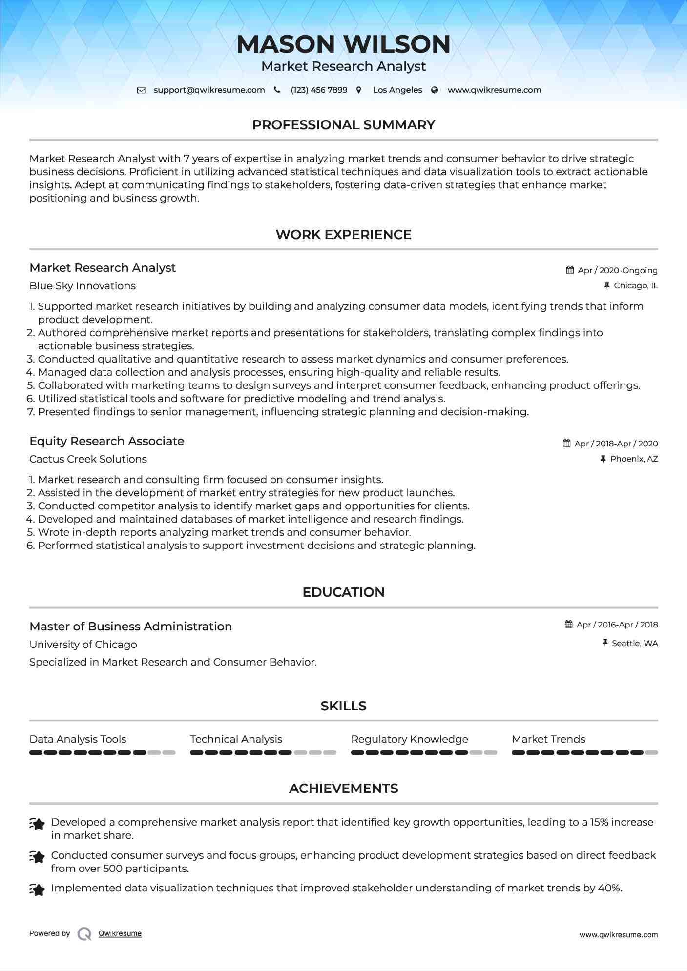 Market Research Analyst Resume Sample