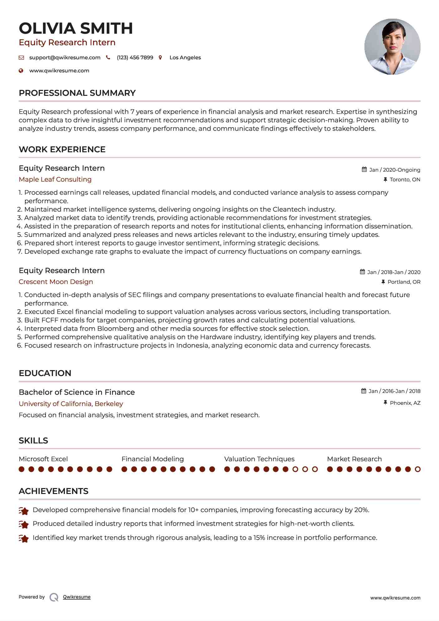 Equity Research Intern Resume Model