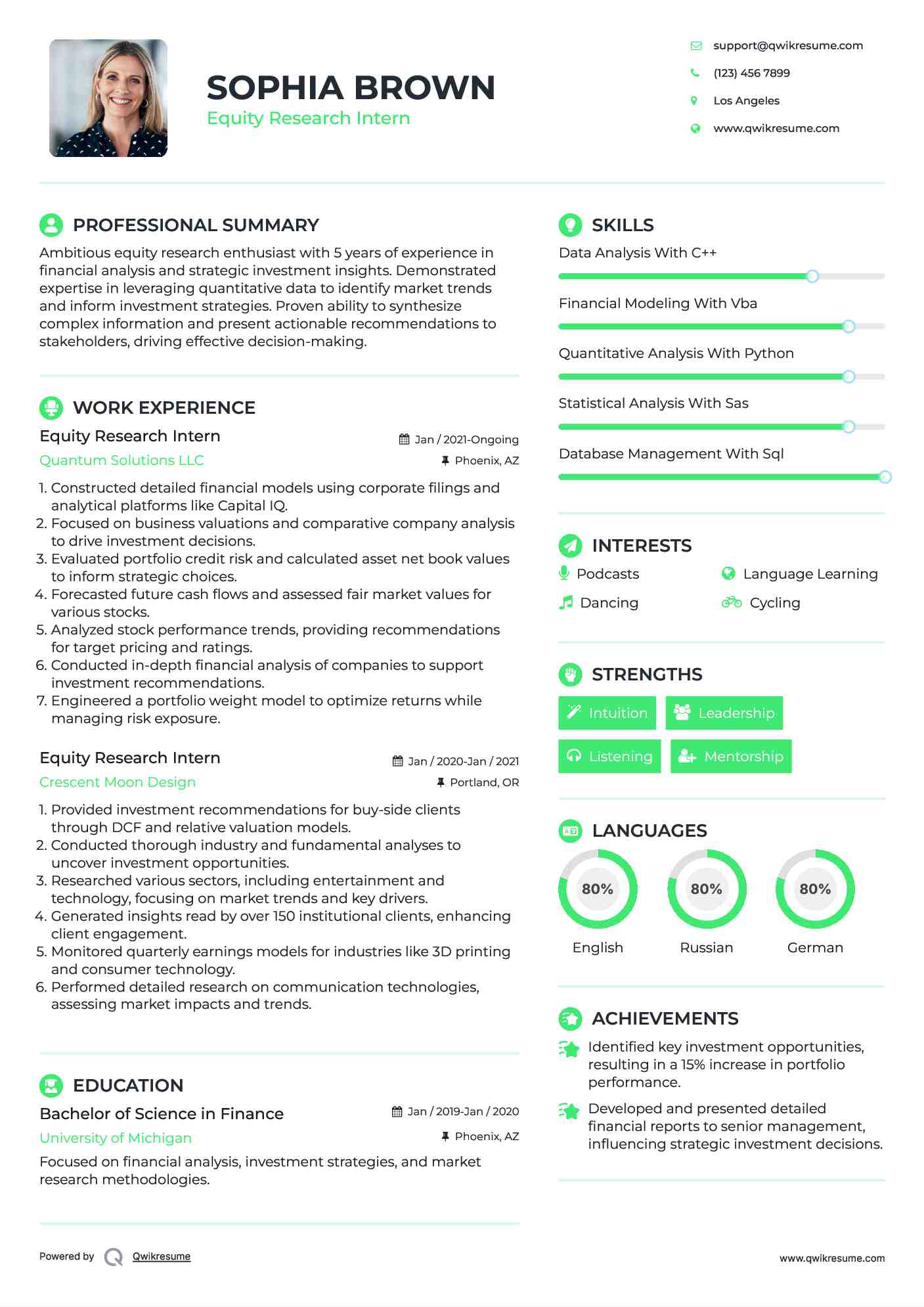 Equity Research Intern Resume Model