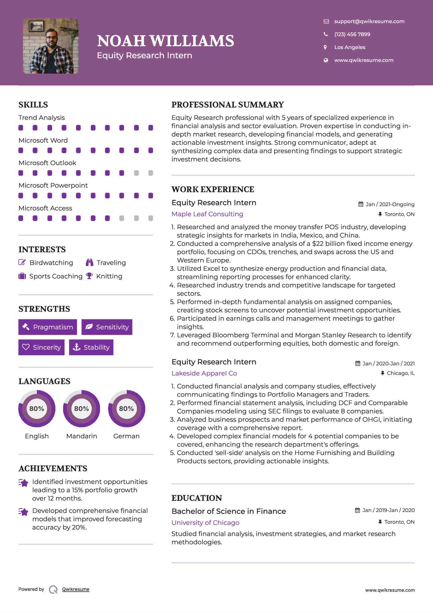 Equity Research Intern Resume Model