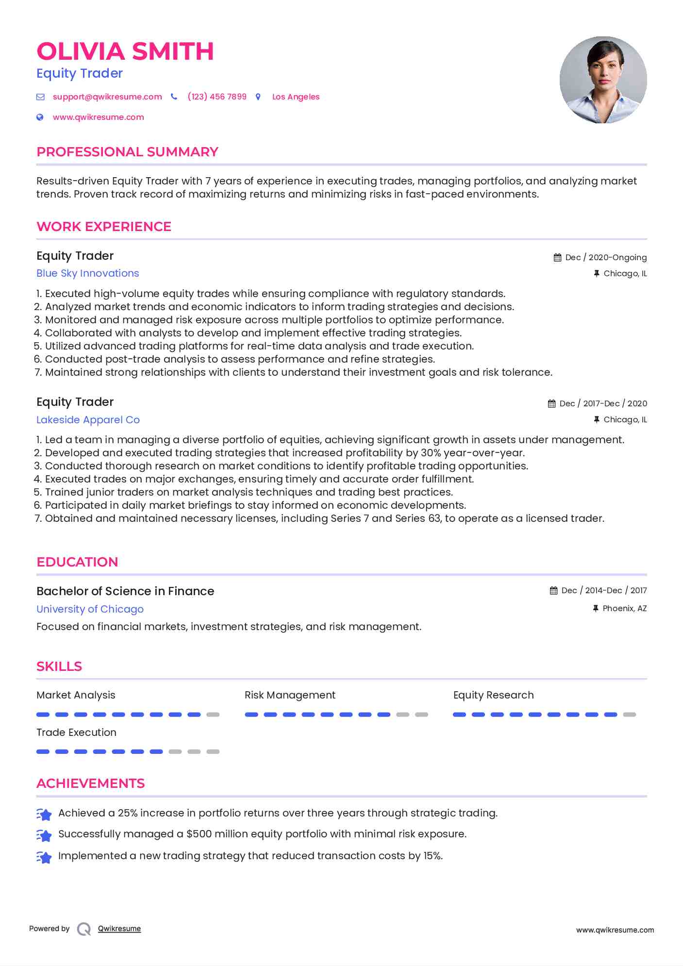 Equity Trader Resume Sample