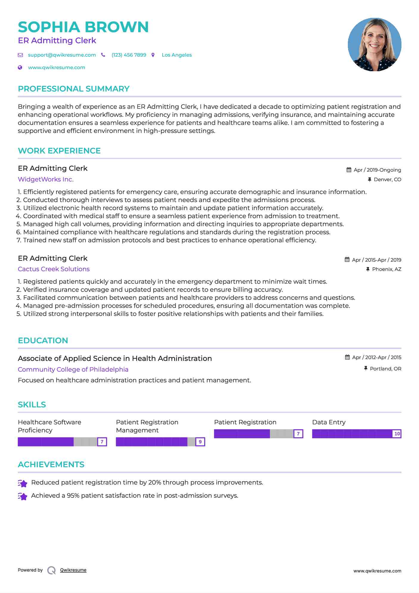 ER Admitting Clerk Resume Sample