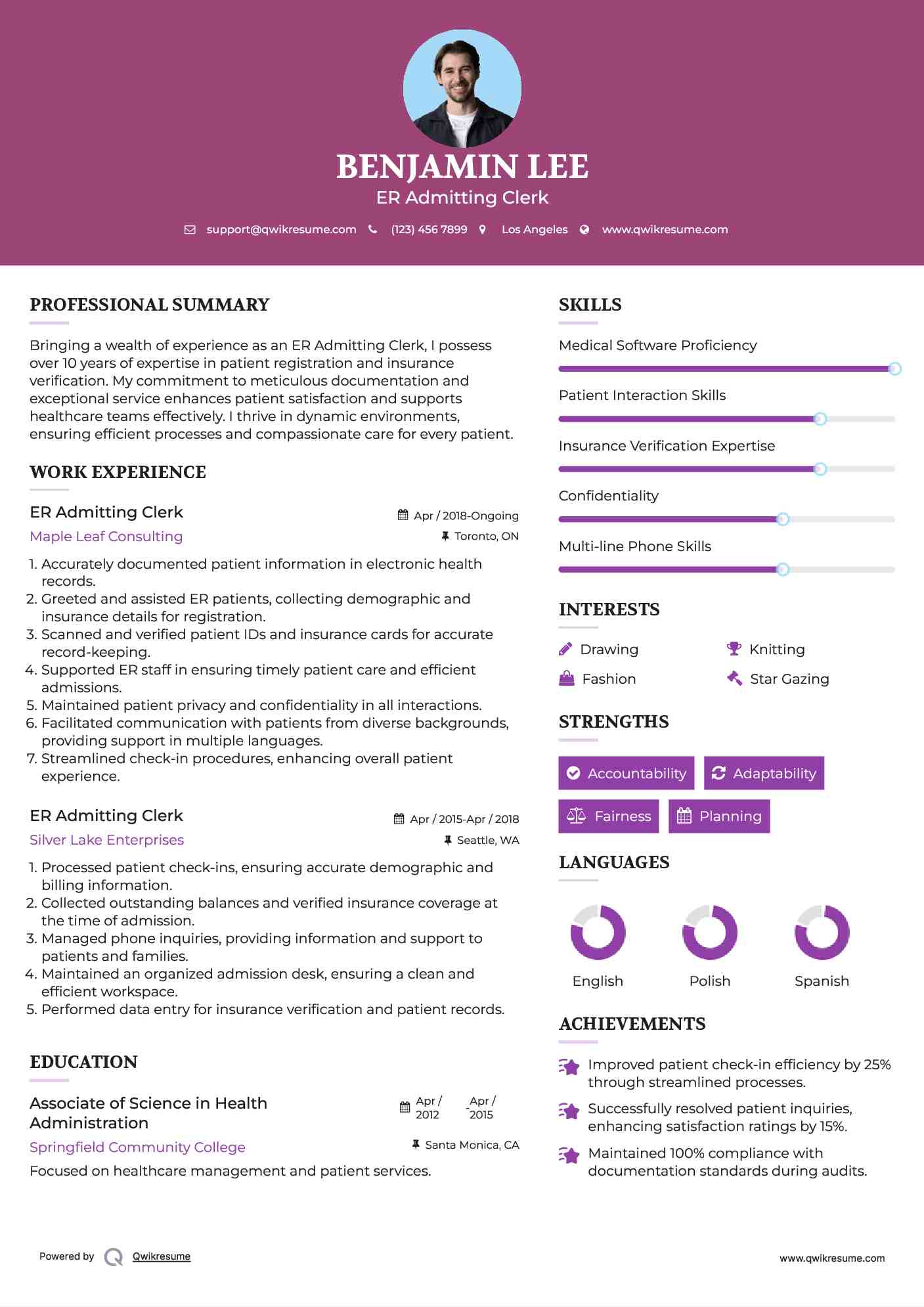 ER Admitting Clerk Resume Example