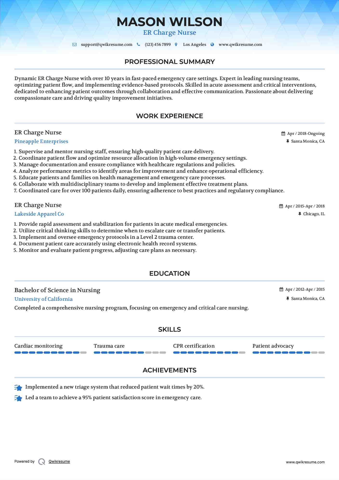 ER Charge Nurse Resume Format