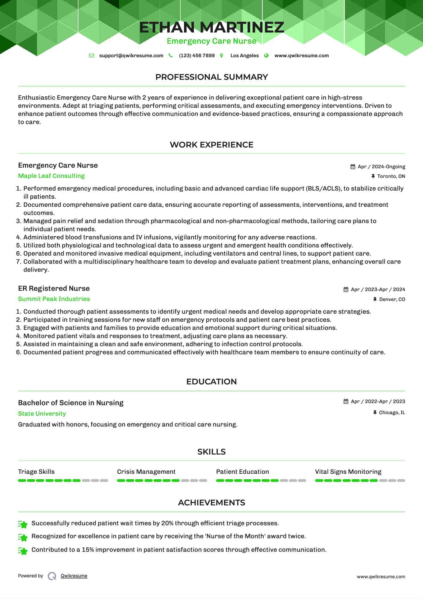 Emergency Care Nurse Resume Sample