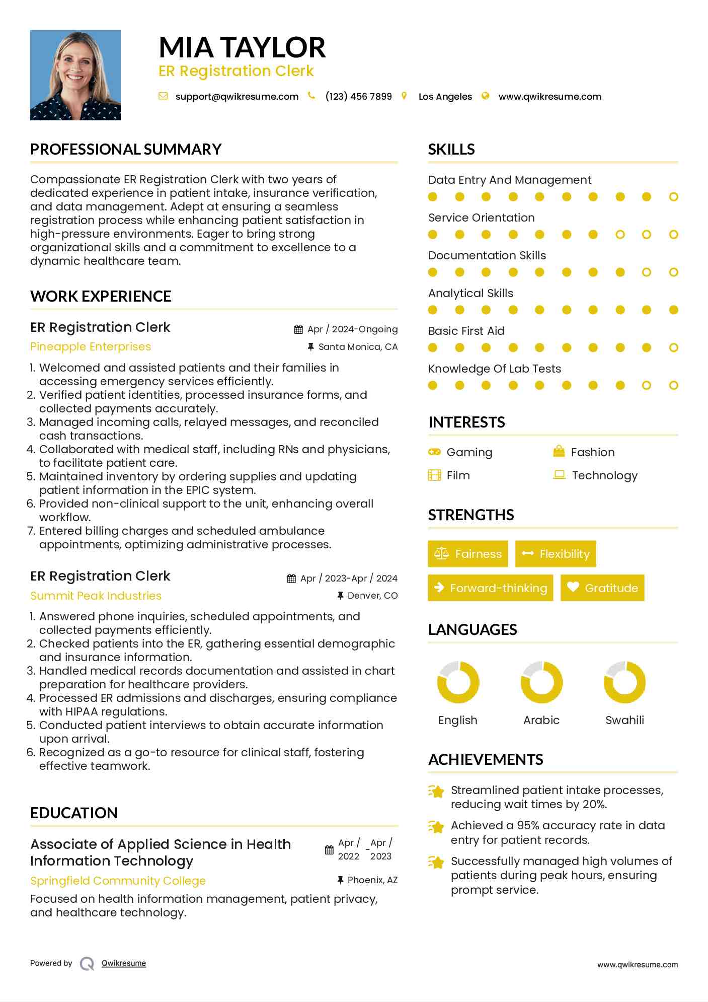 ER Registration Clerk Resume Model