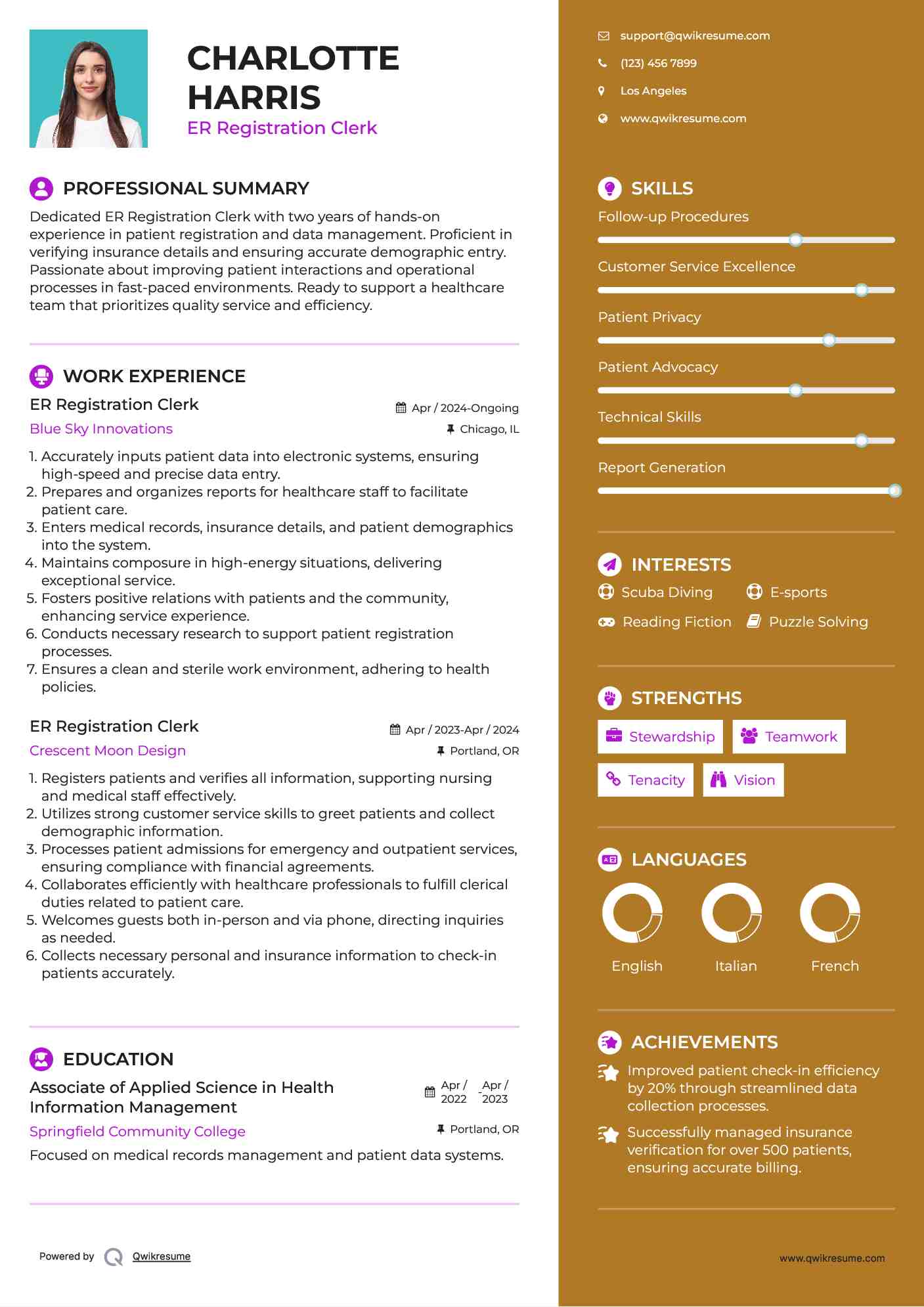 ER Registration Clerk Resume Sample