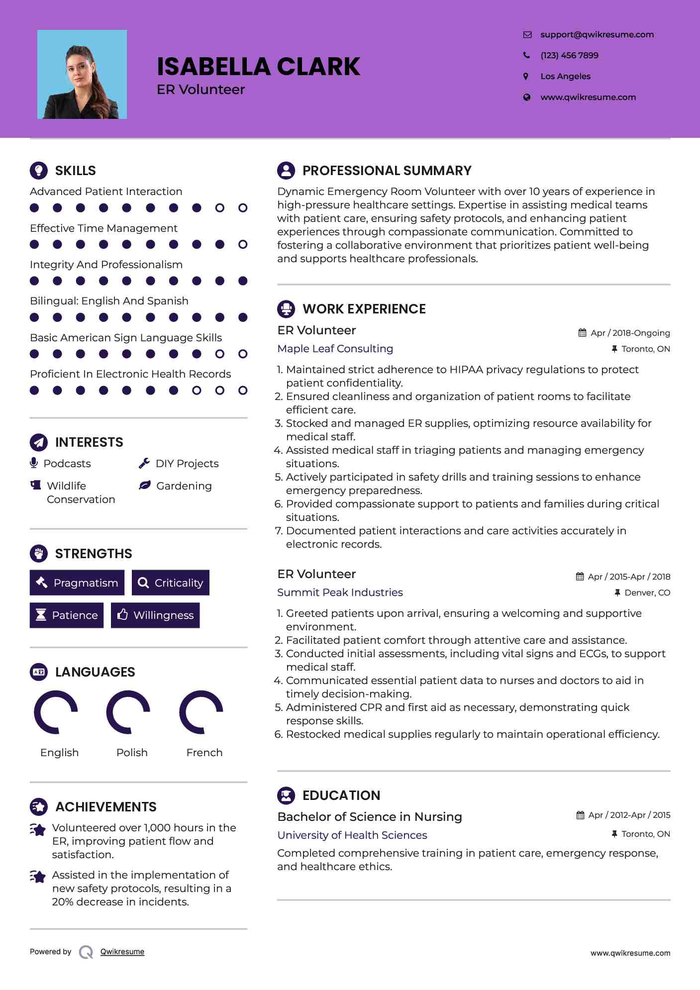 ER Volunteer Resume Example