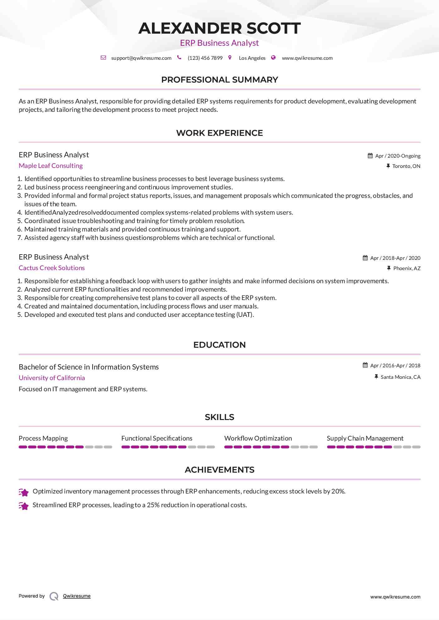 ERP Business Analyst Resume Example