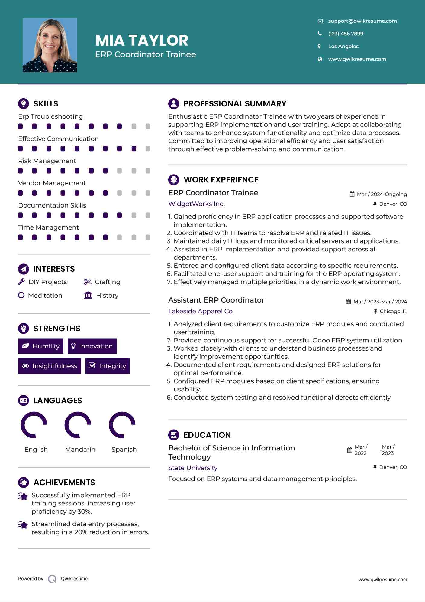 ERP Coordinator Trainee Resume Sample