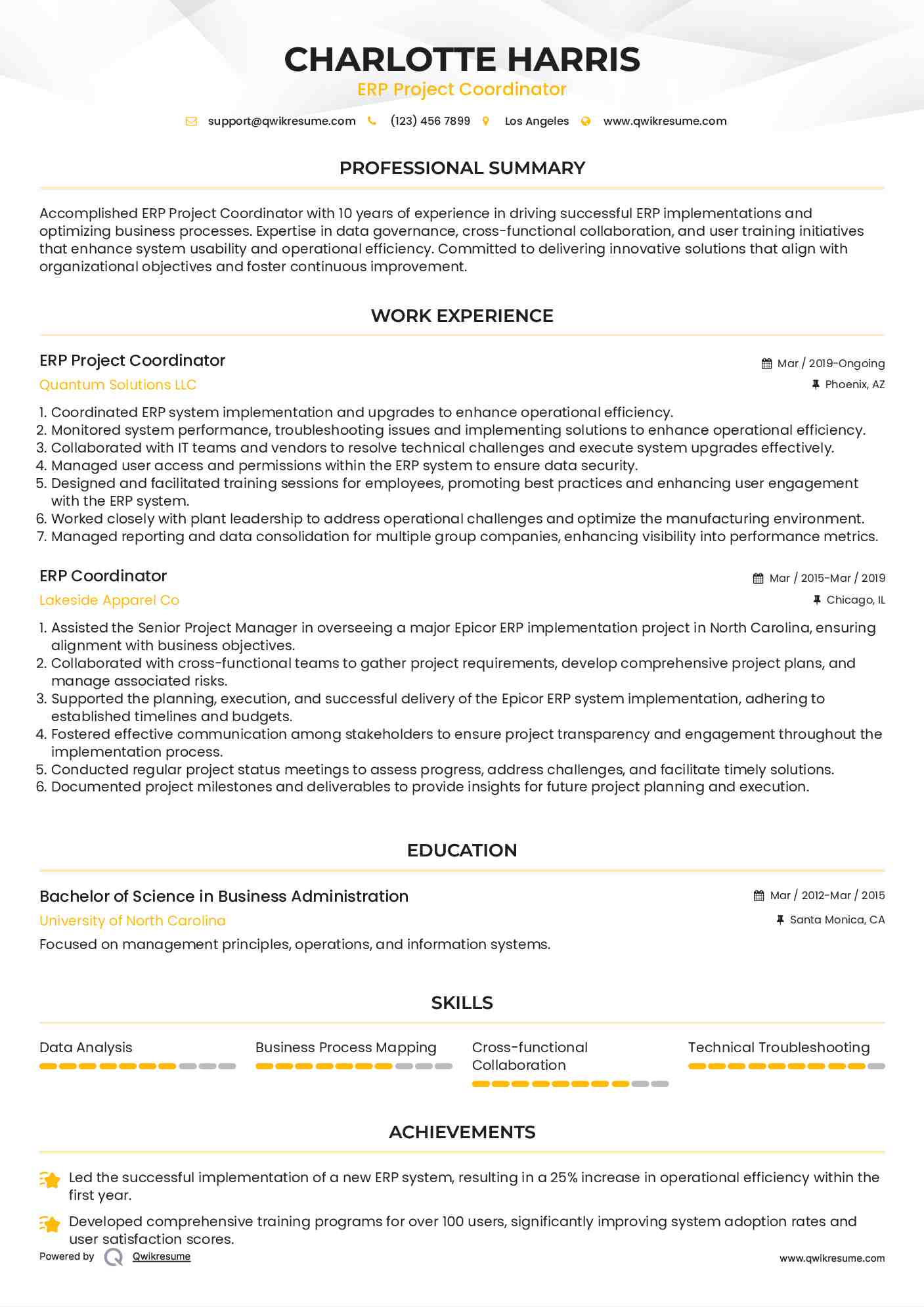 ERP Project Coordinator Resume Example
