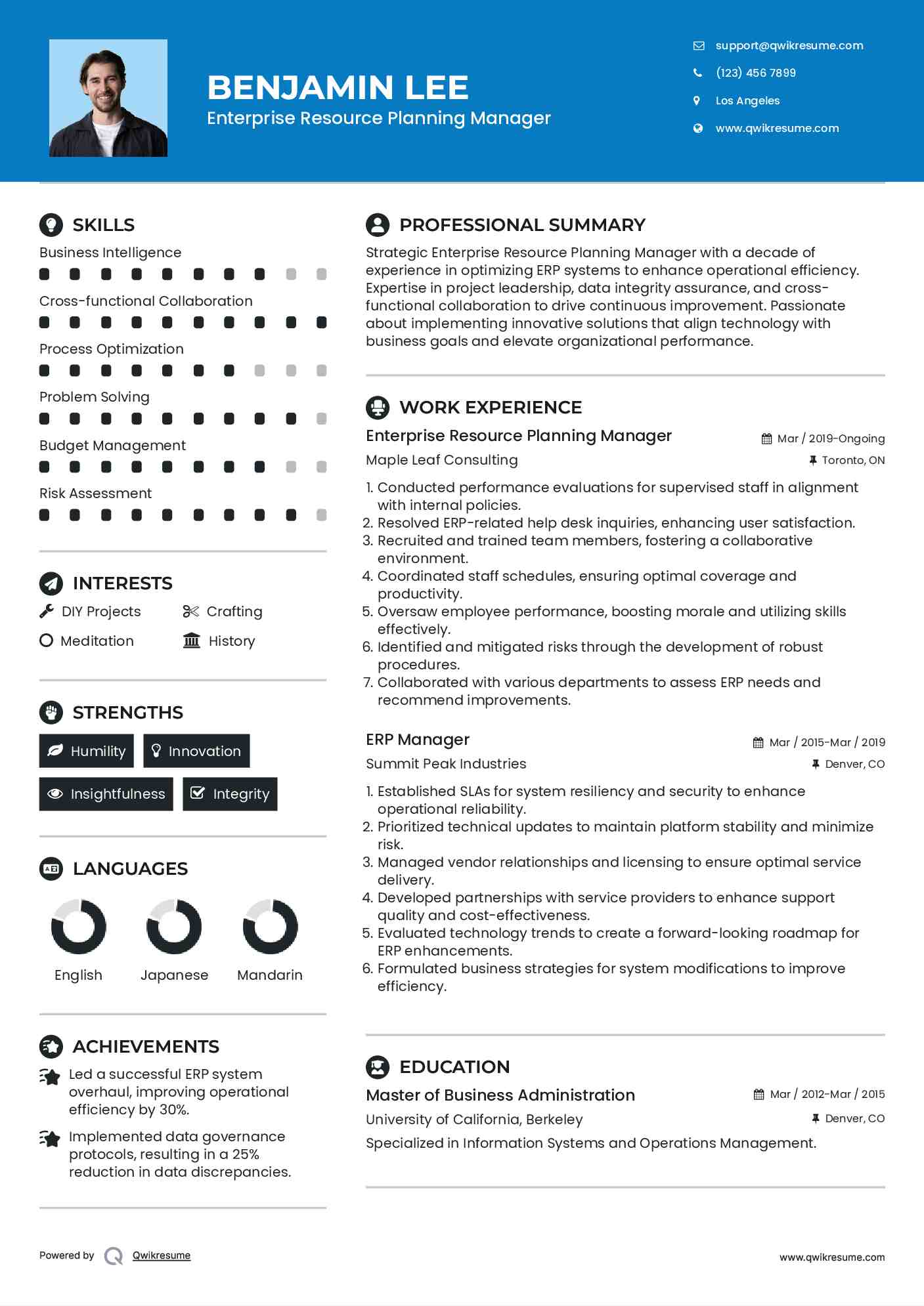Enterprise Resource Planning Manager
 Resume Example