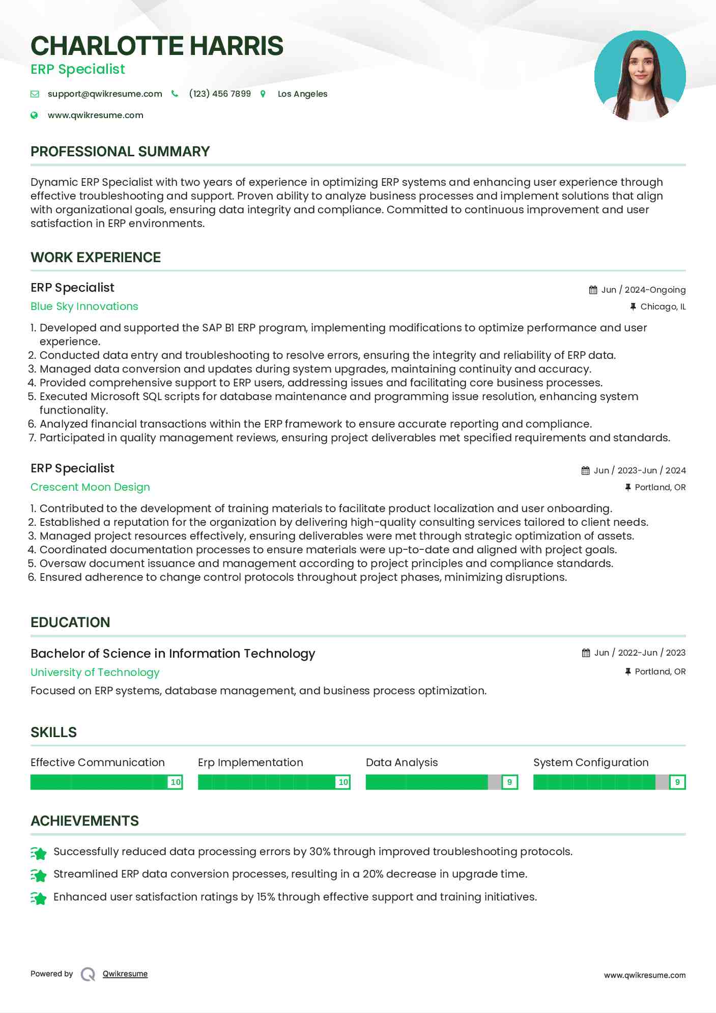 ERP Specialist Resume Sample