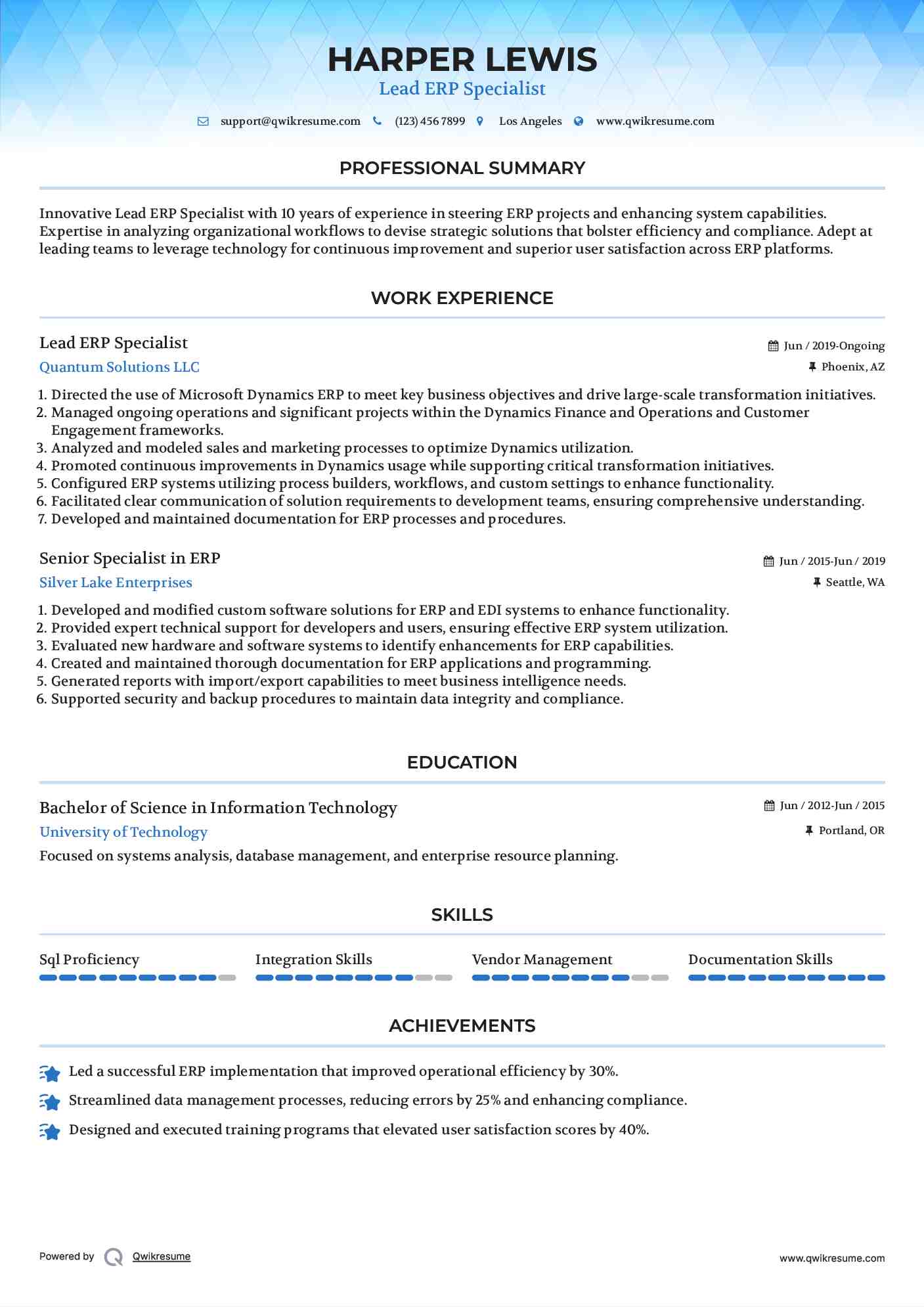 Lead ERP Specialist Resume Model