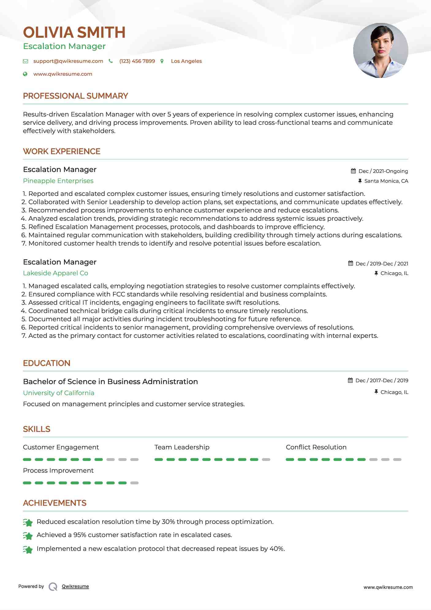 Escalation Manager Resume Format
