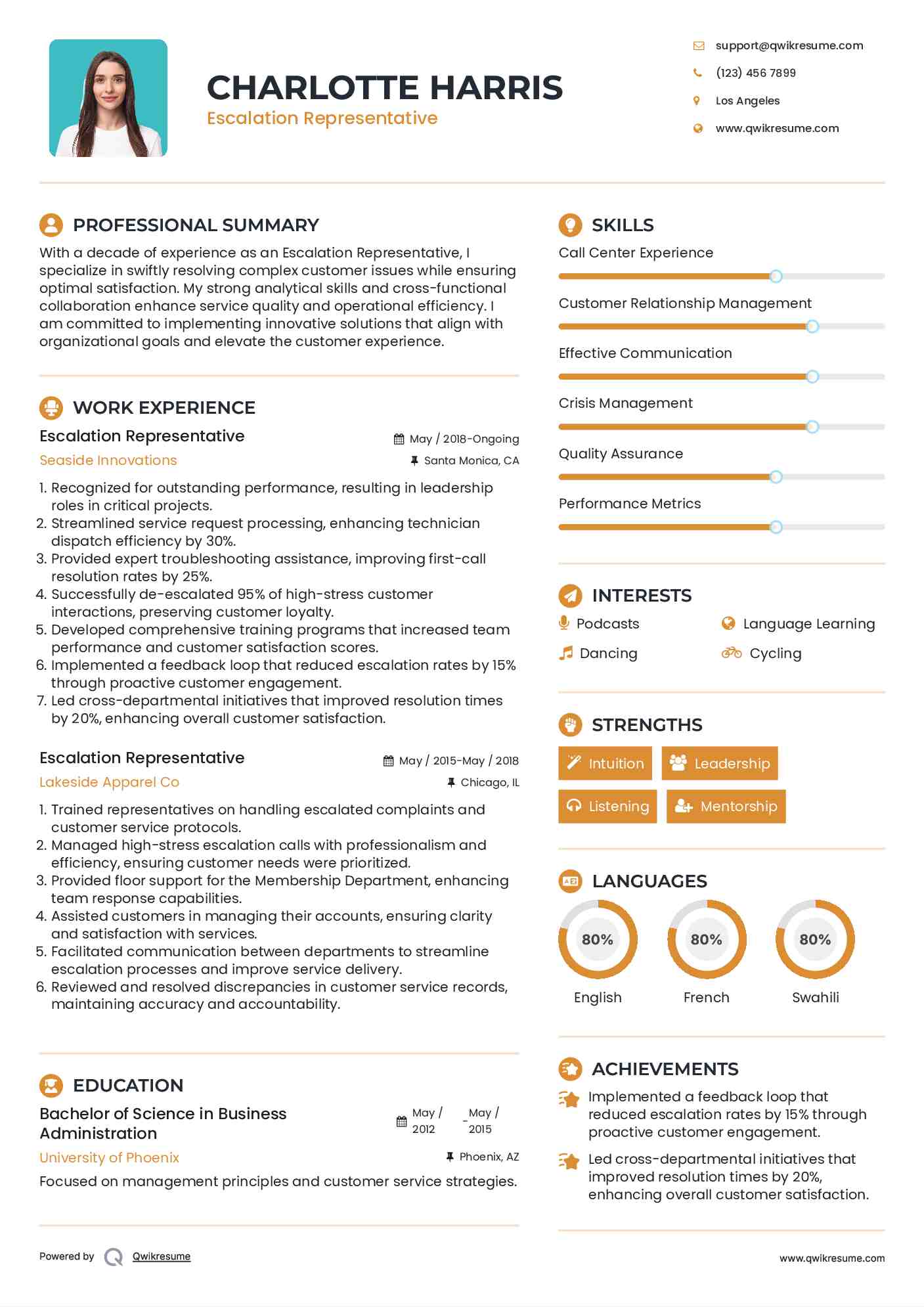 Escalation Representative Resume Template