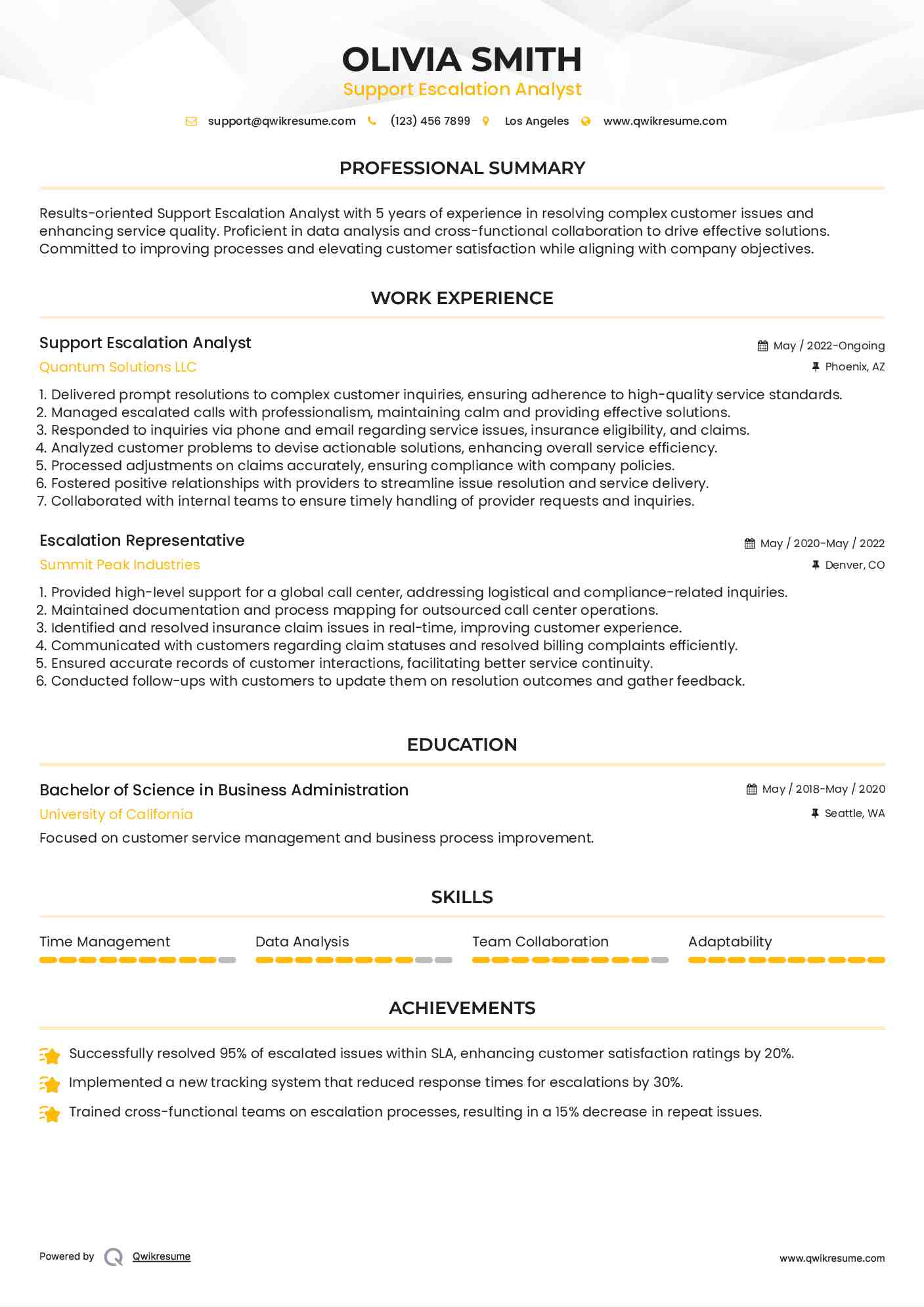 Support Escalation Analyst Resume Sample