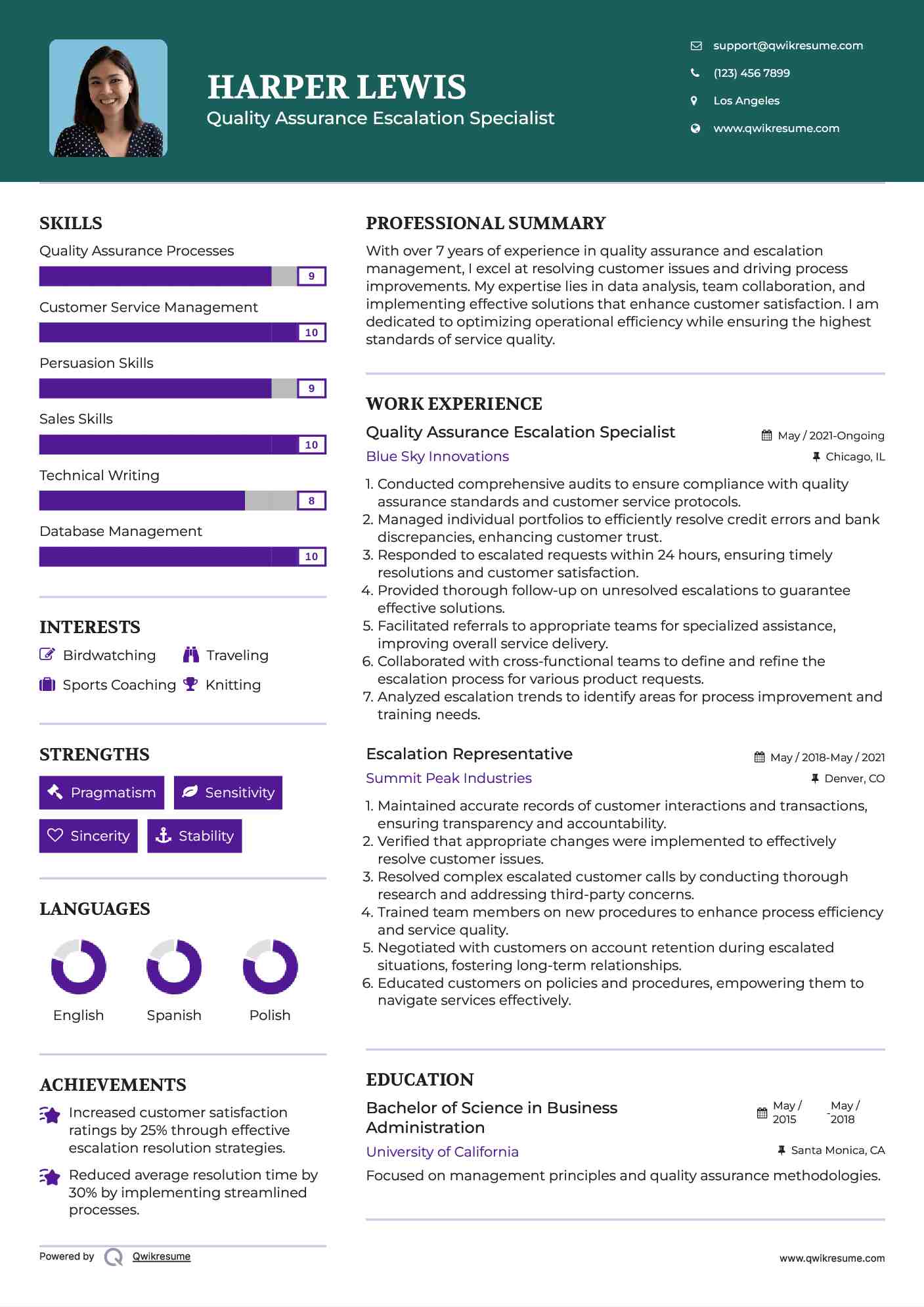 Quality Assurance Escalation Specialist Resume Format