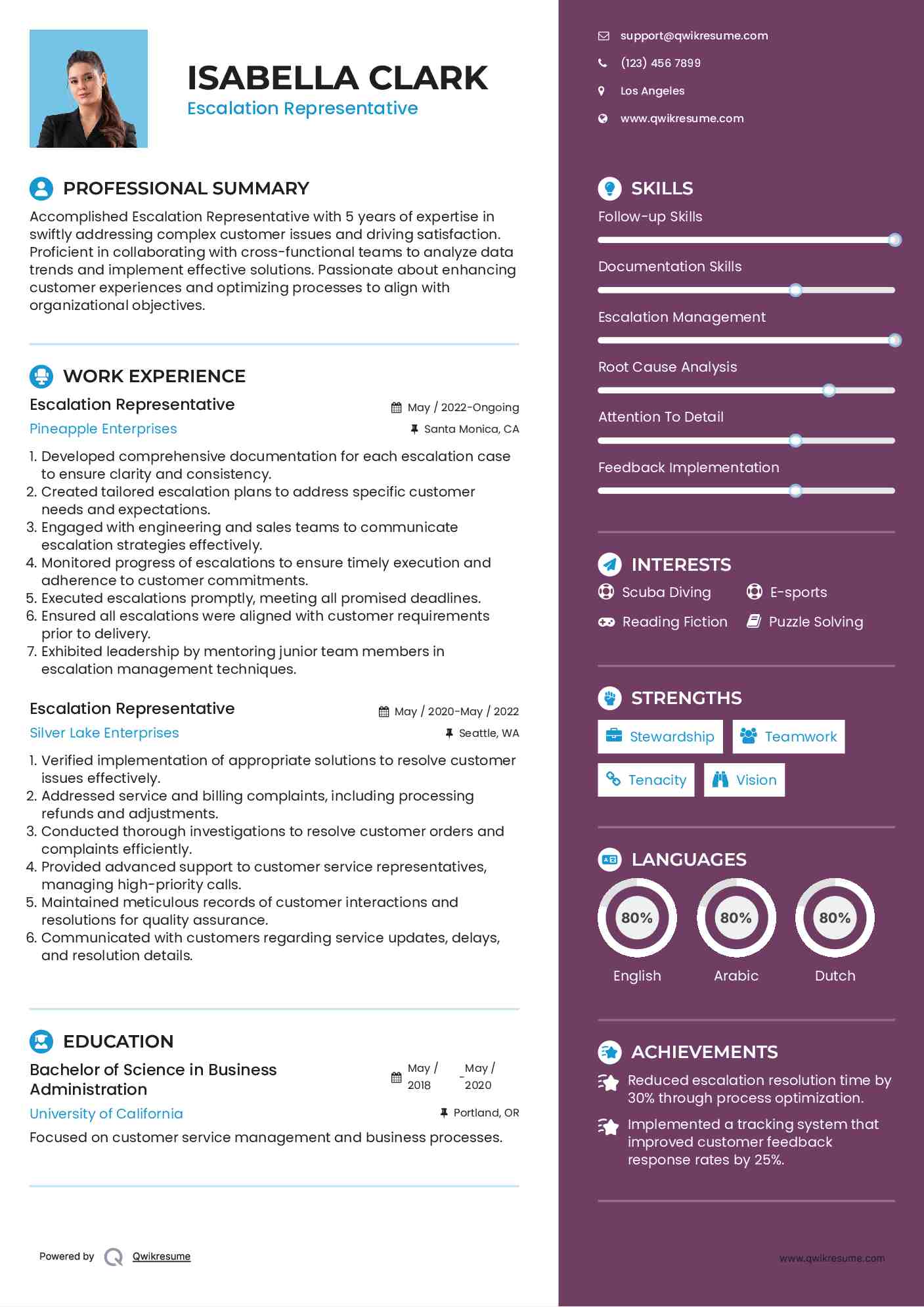 Escalation Representative Resume Model
