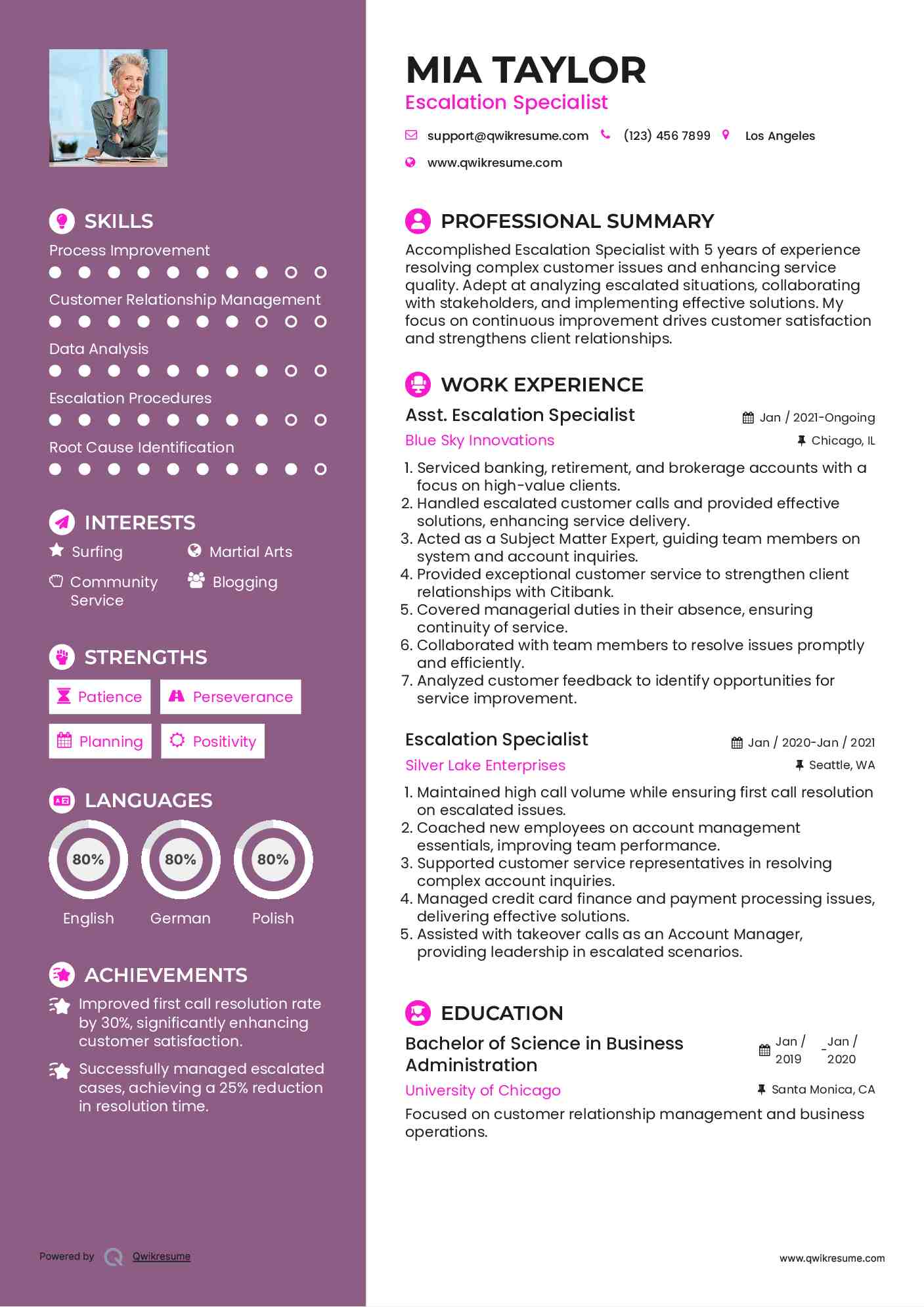 Asst. Escalation Specialist Resume Model