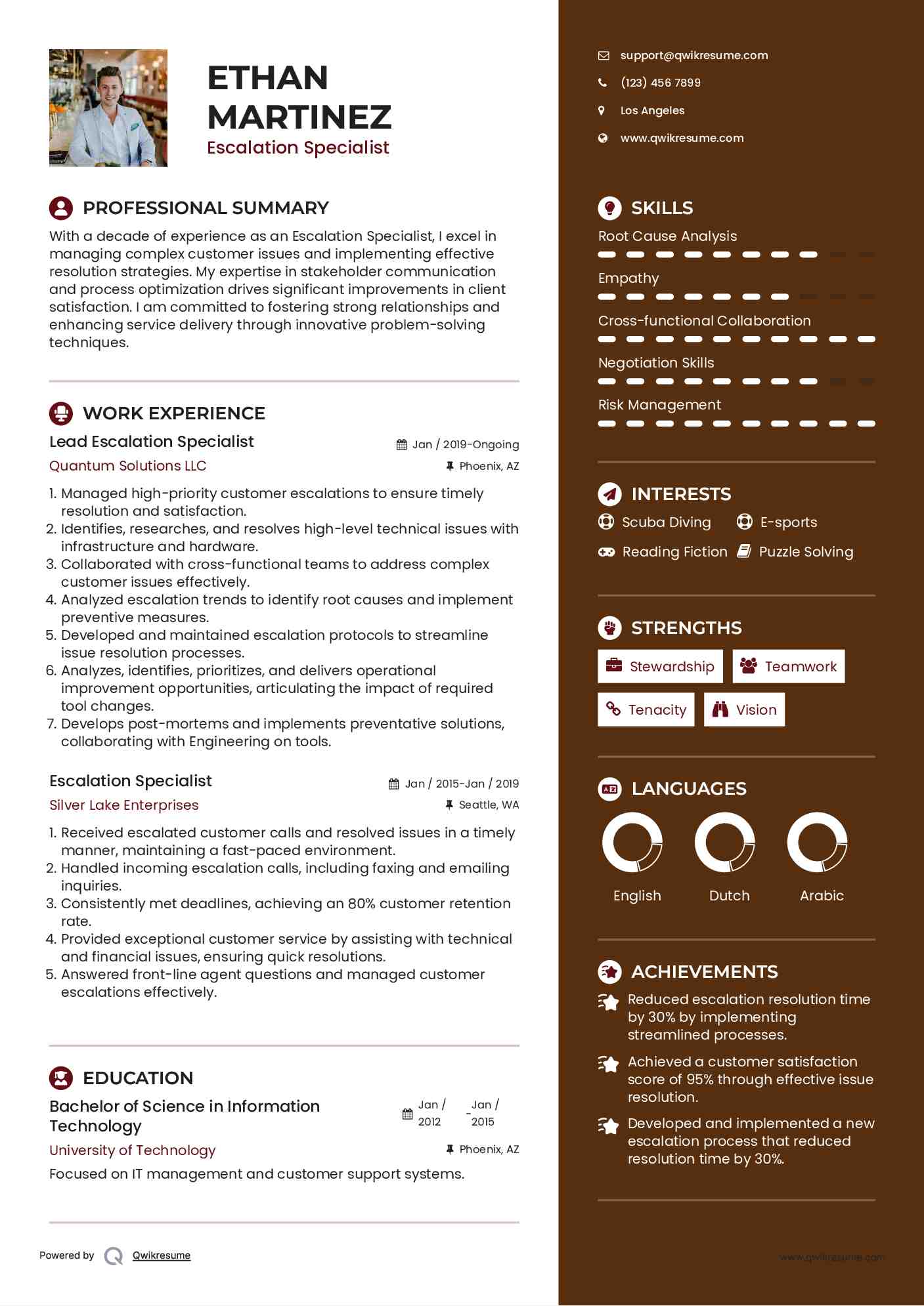 Lead Escalation Specialist Resume Example