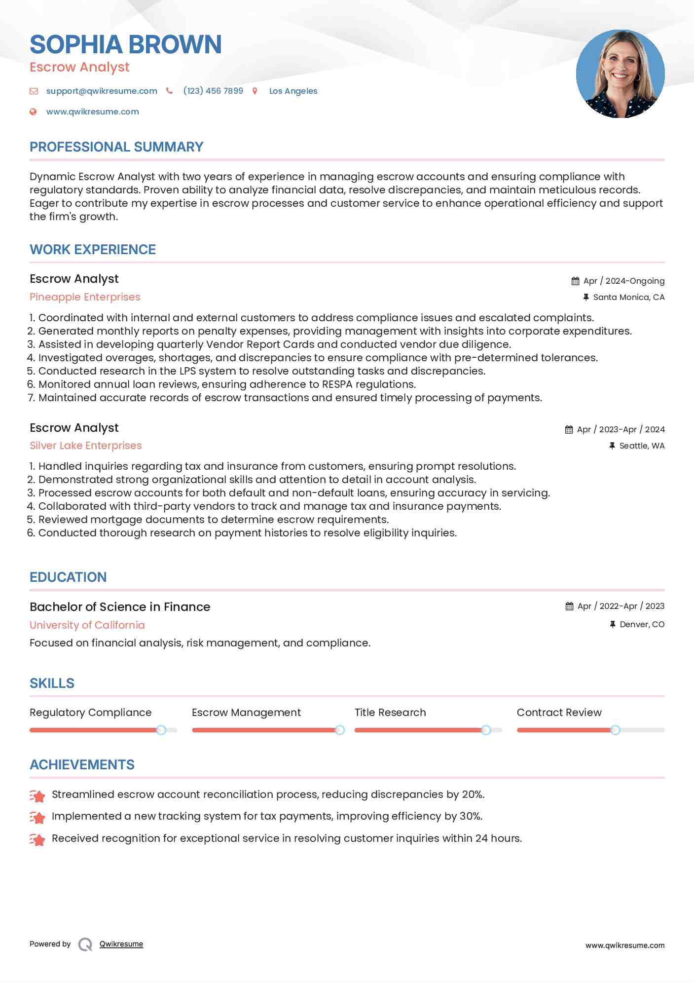 Escrow Analyst Resume Sample