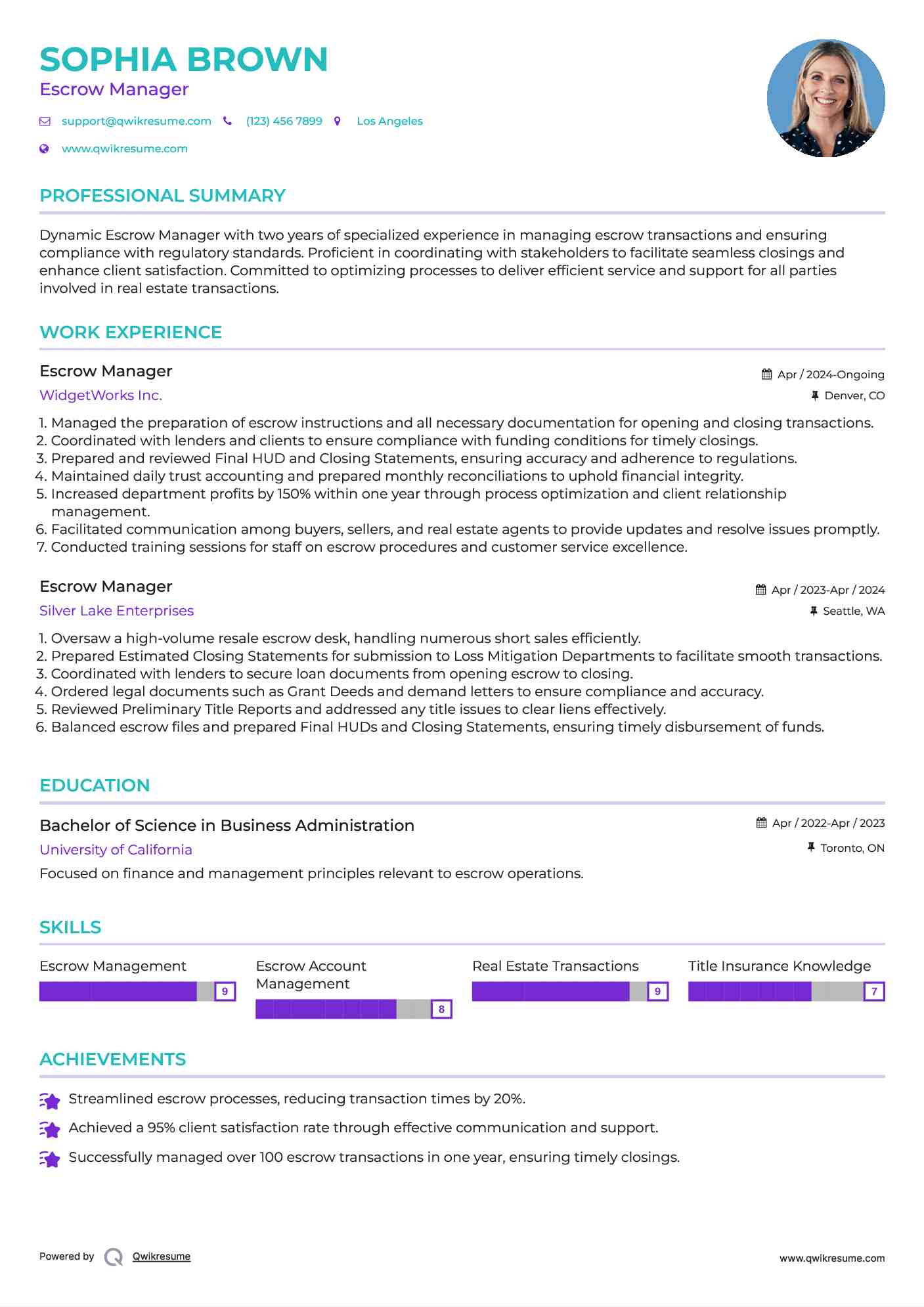 Escrow Manager Resume Model