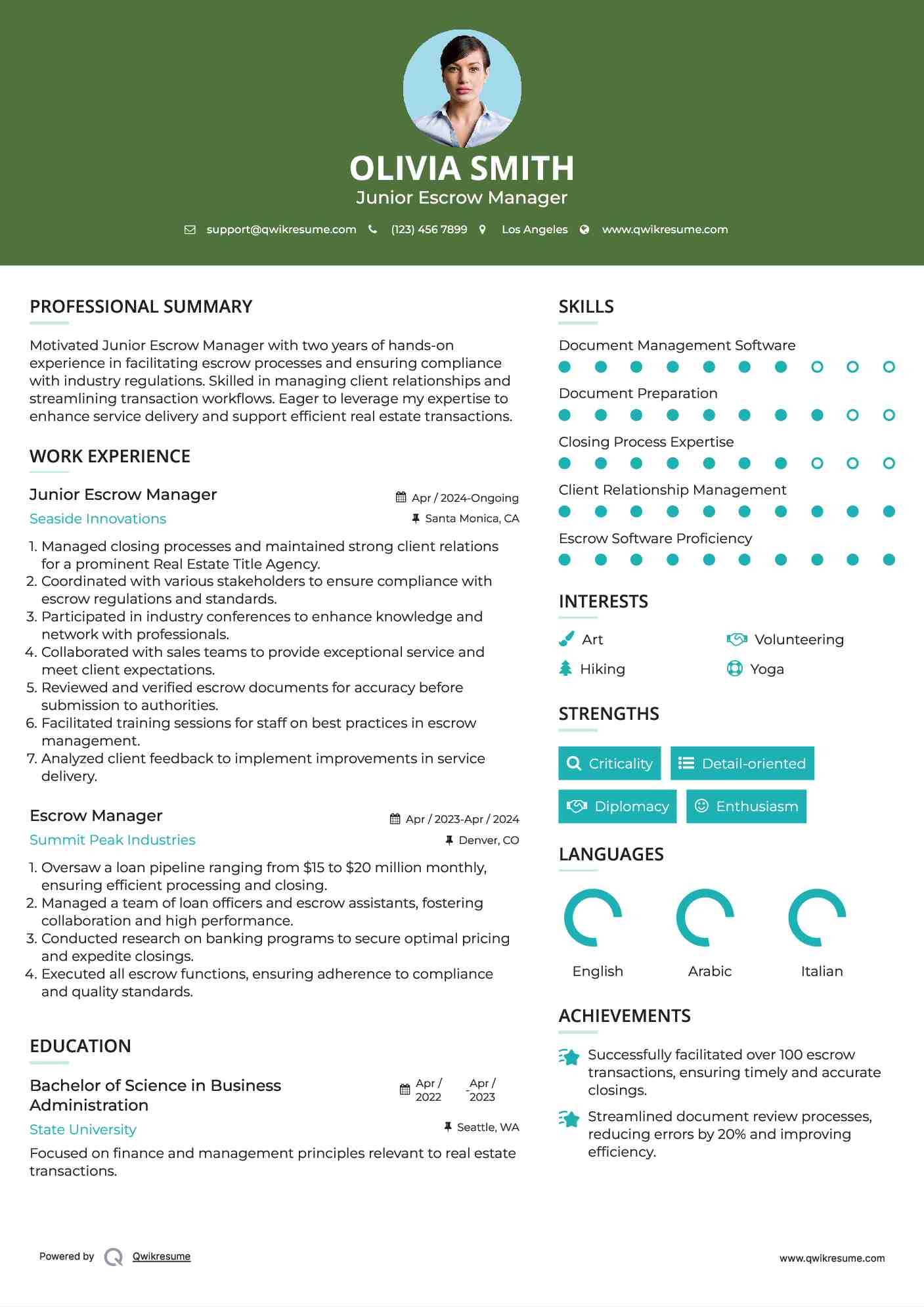 Junior Escrow Manager Resume Sample