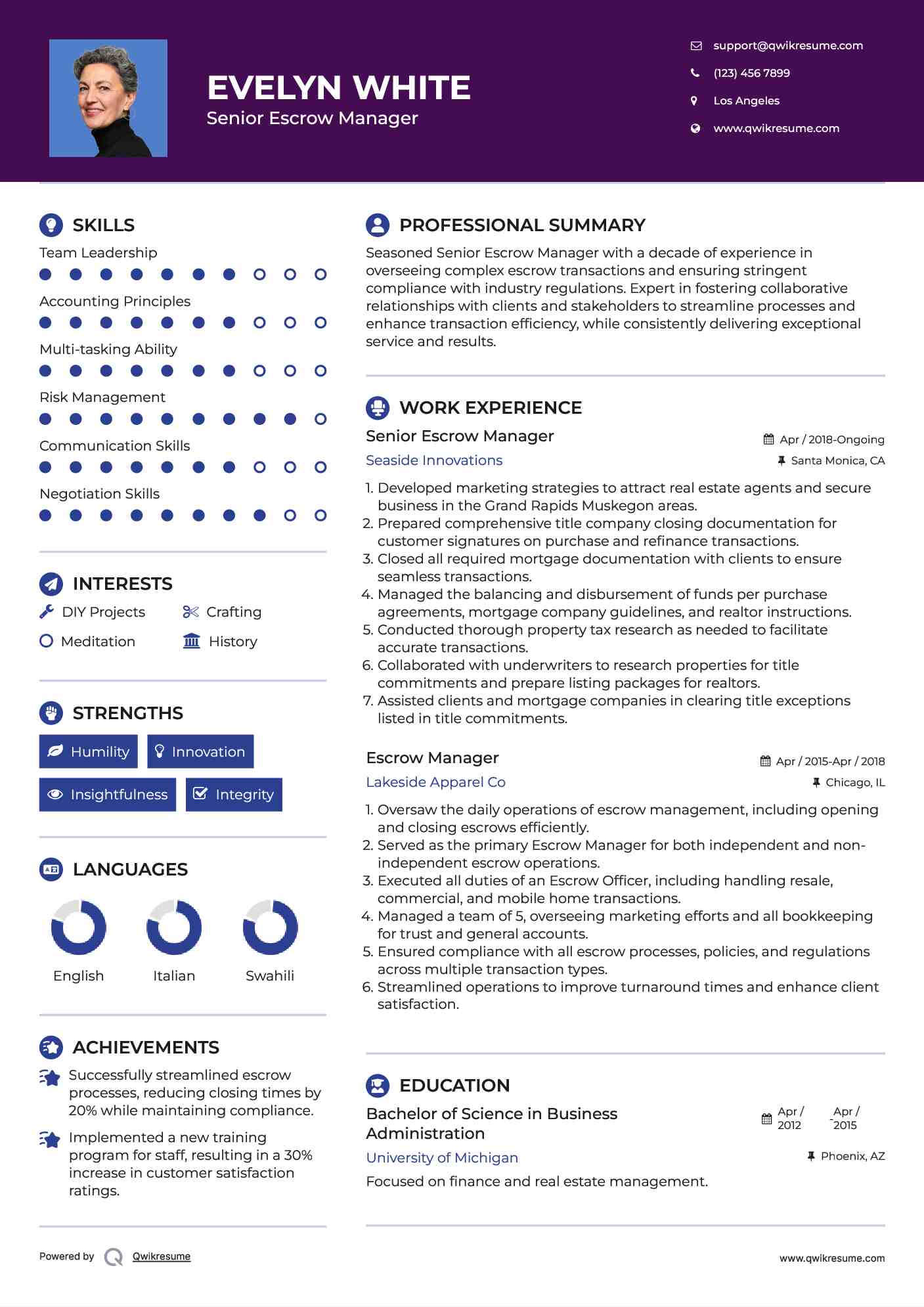 Senior Escrow Manager Resume Example