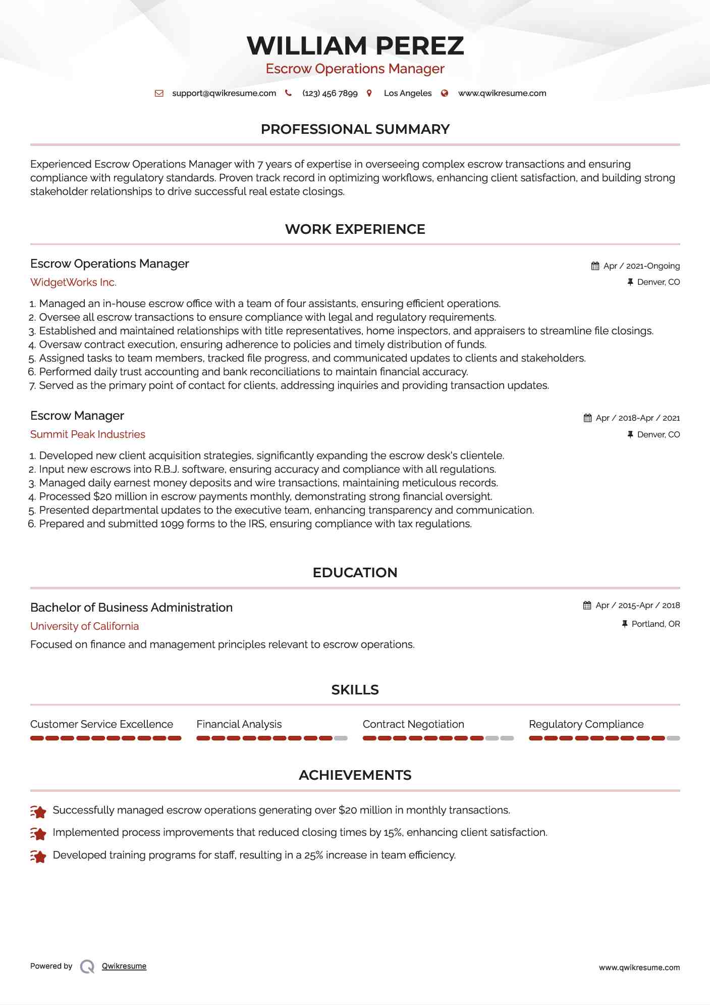 Escrow Operations Manager Resume Format