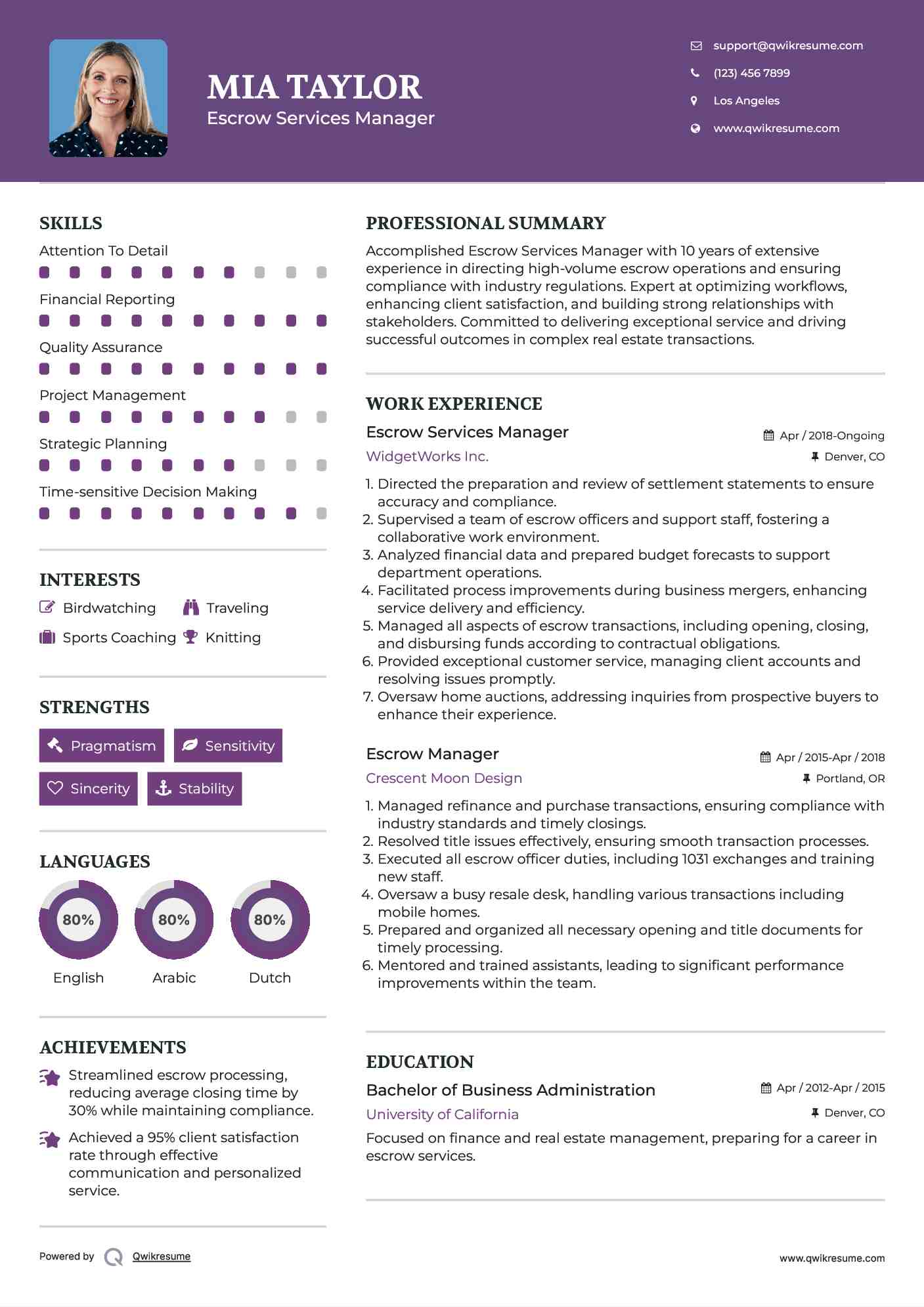 Escrow Services Manager Resume Example