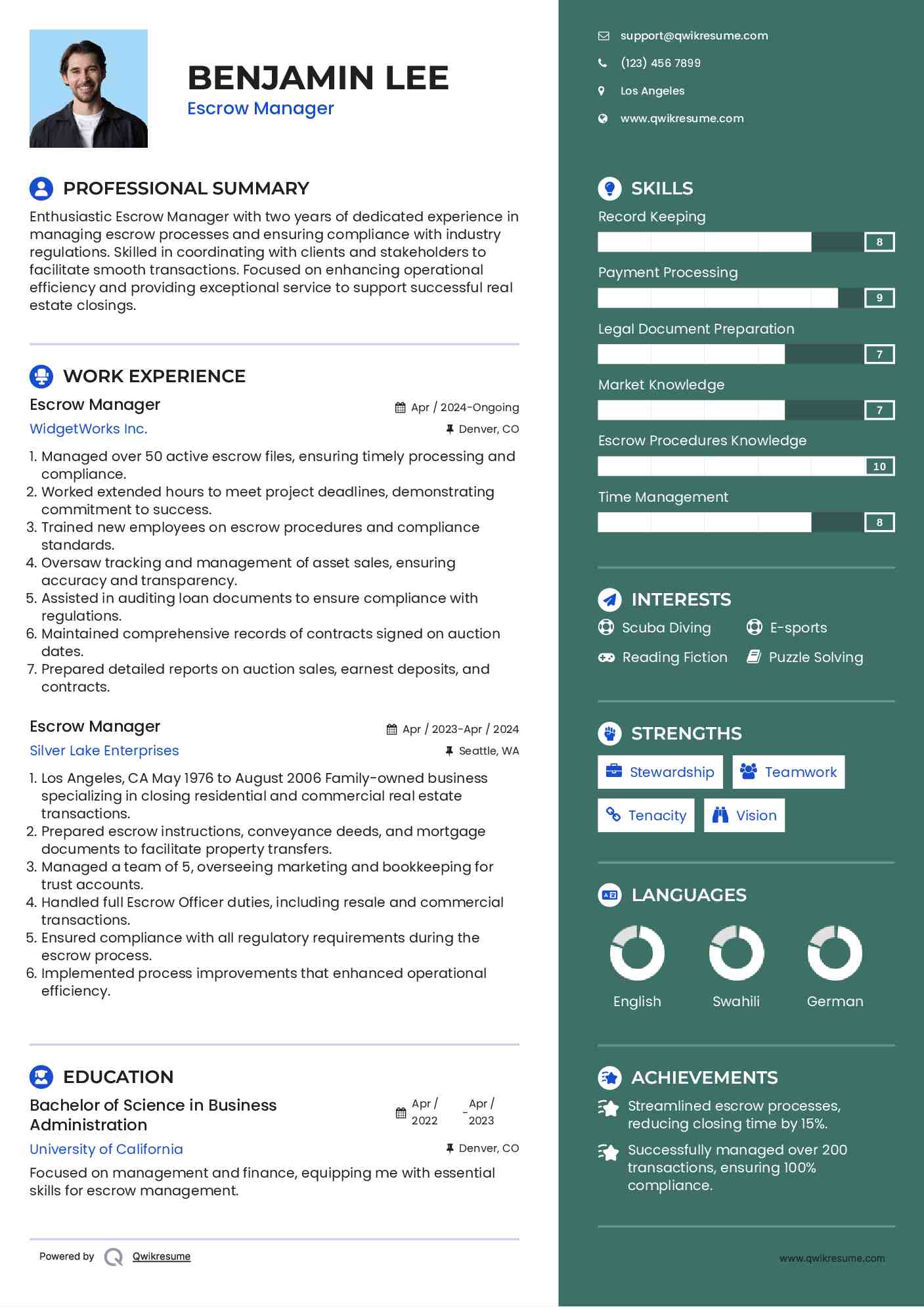 Escrow Manager Resume Example