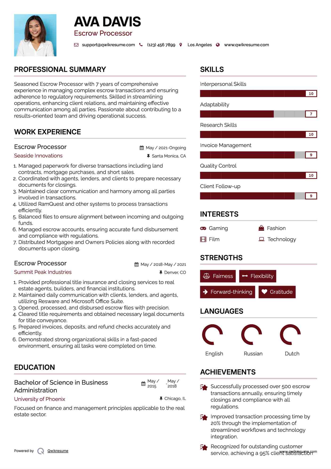 Escrow Processor Resume Example