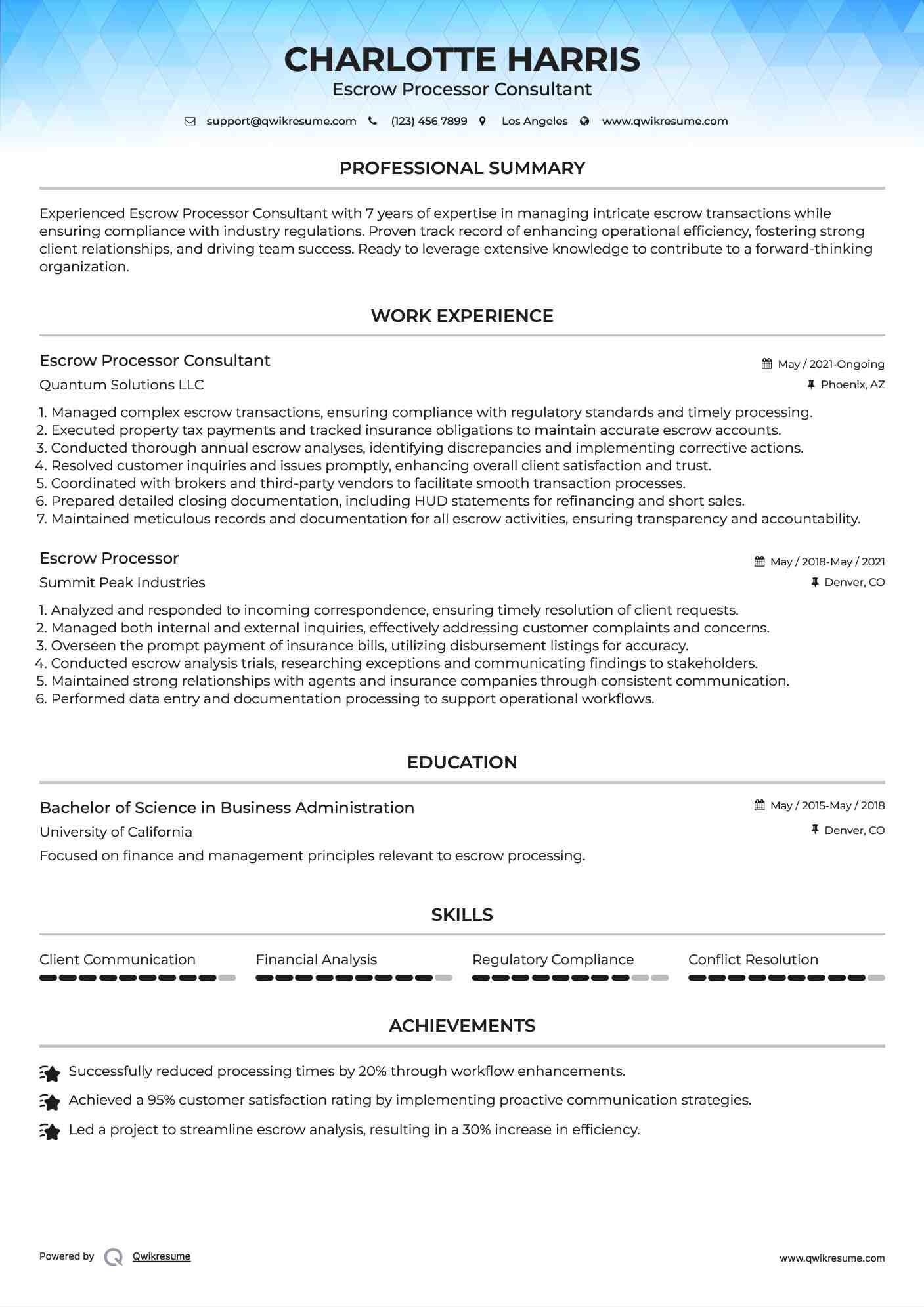 Escrow Processor Consultant Resume Model