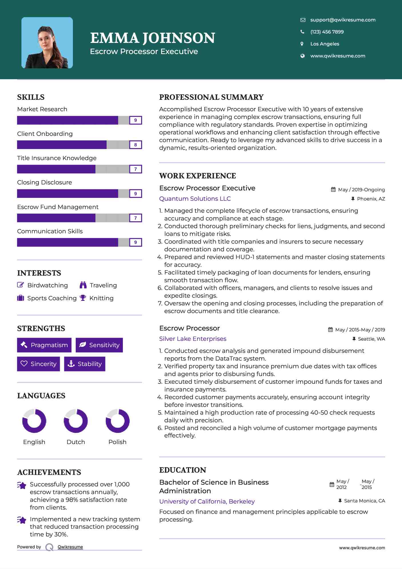 Escrow Processor Executive Resume Format