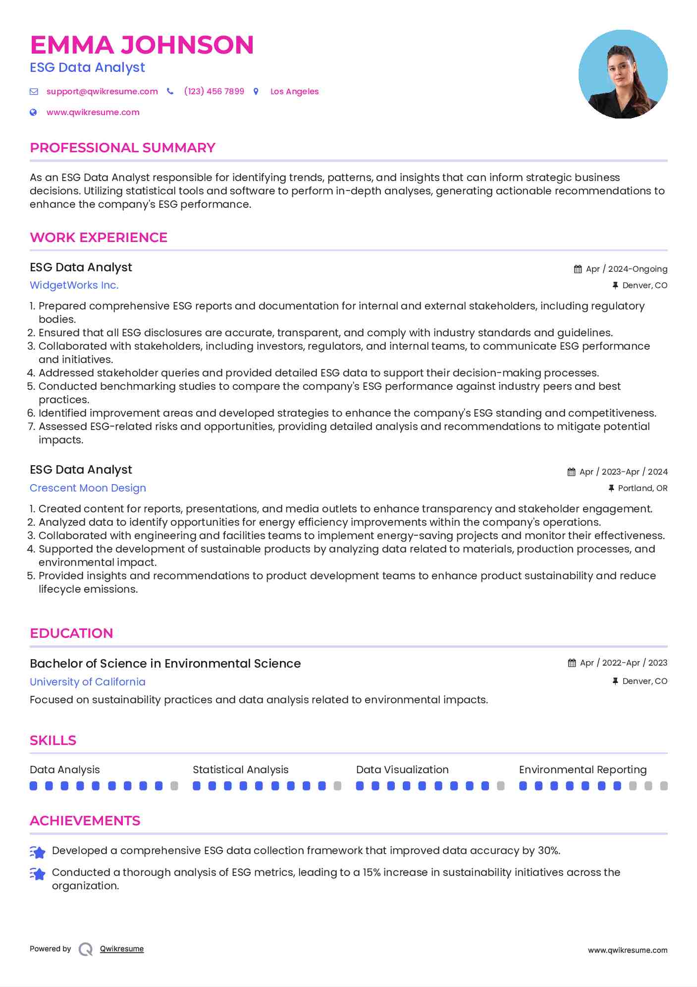 ESG Data Analyst Resume Format